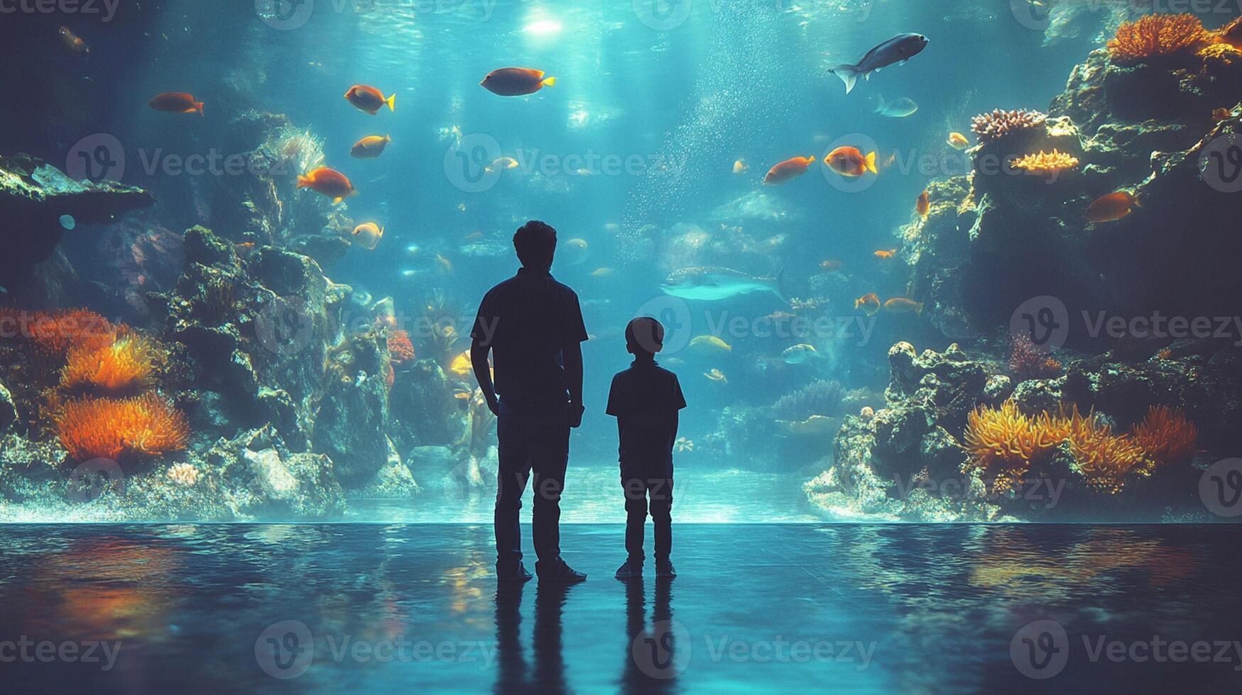 A man and child stand in front of an aquarium photo