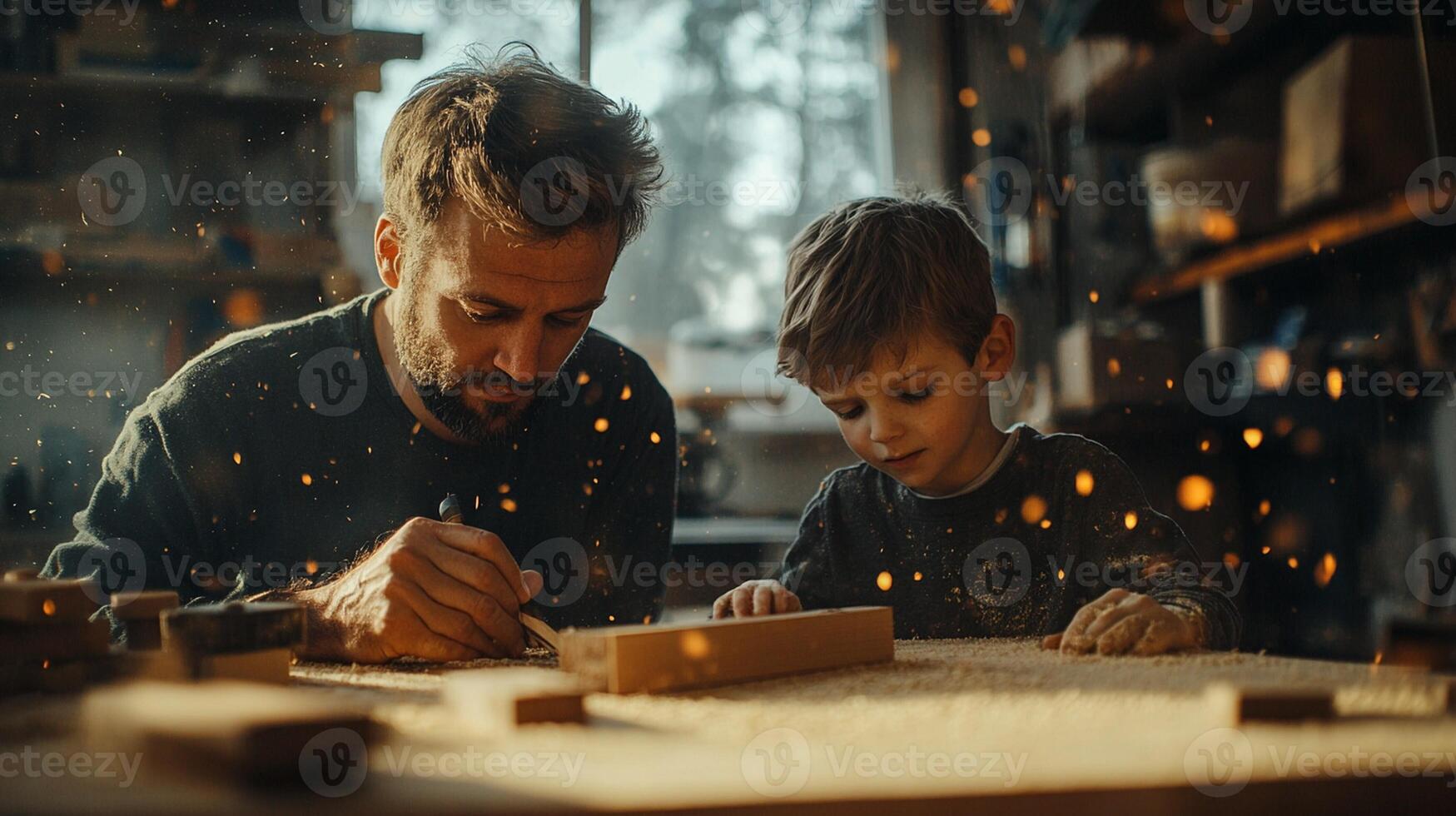 A father and son working on a wooden project photo