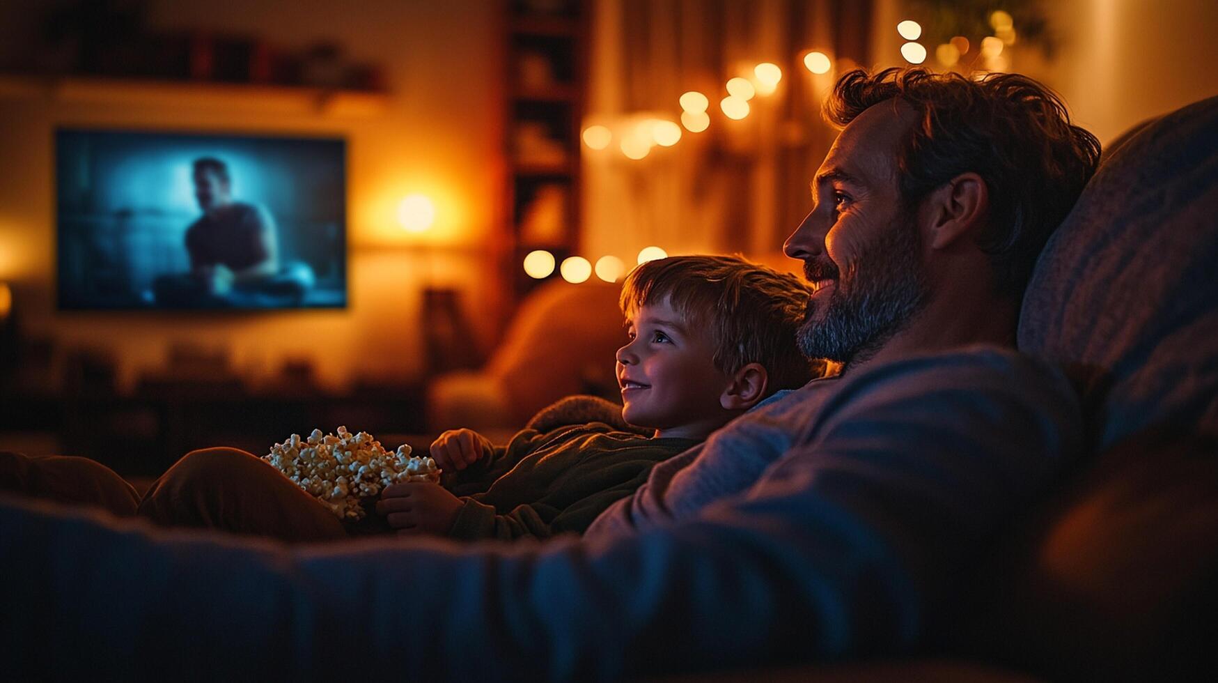 A man and his son watching a movie on a couch photo