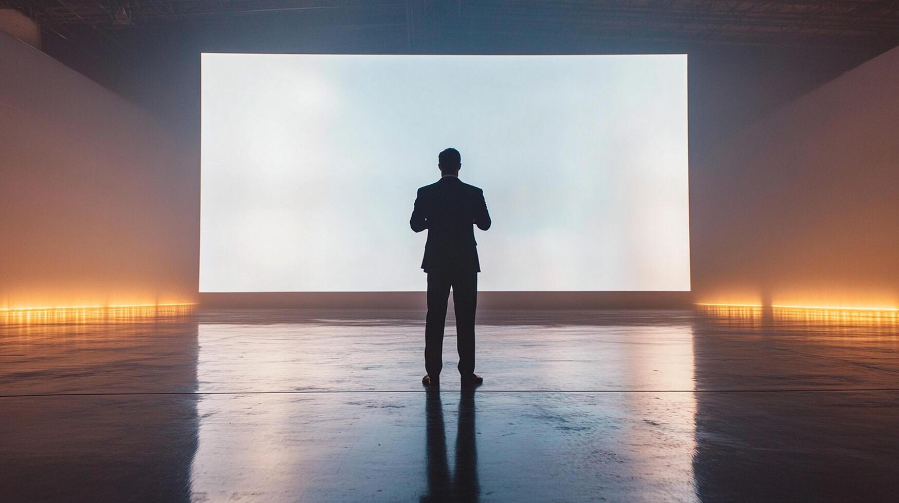 A man standing in front of a large screen photo