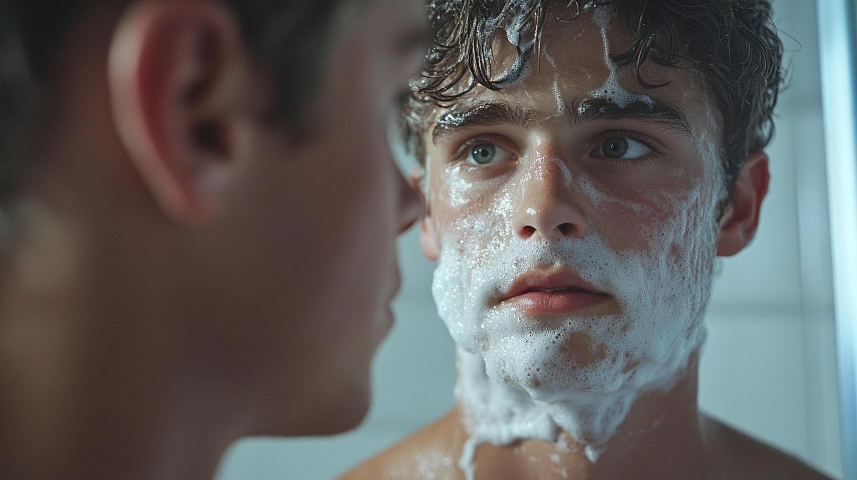 A man shaving his face in front of a mirror photo