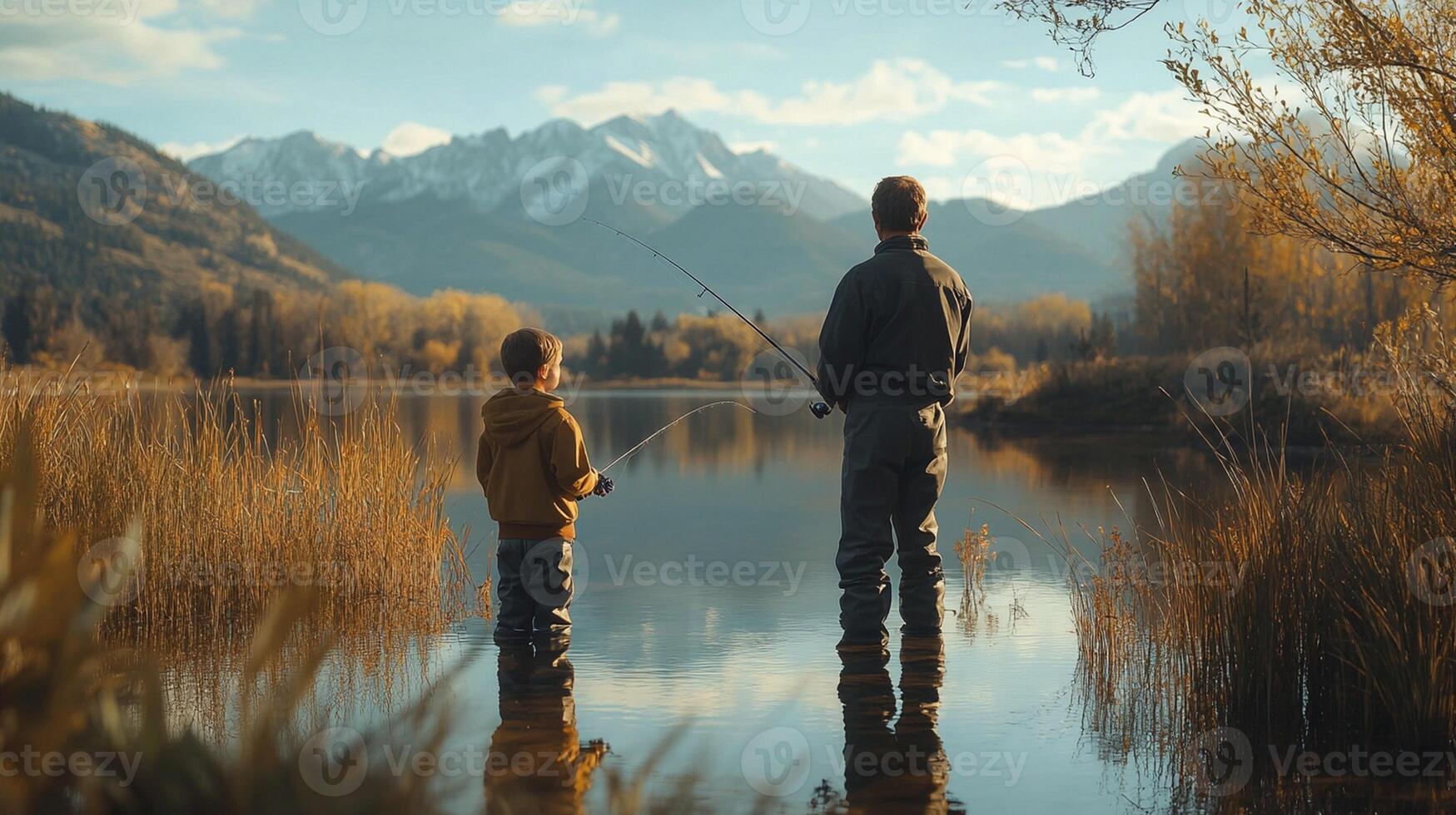 Father and son fishing in the mountains photo