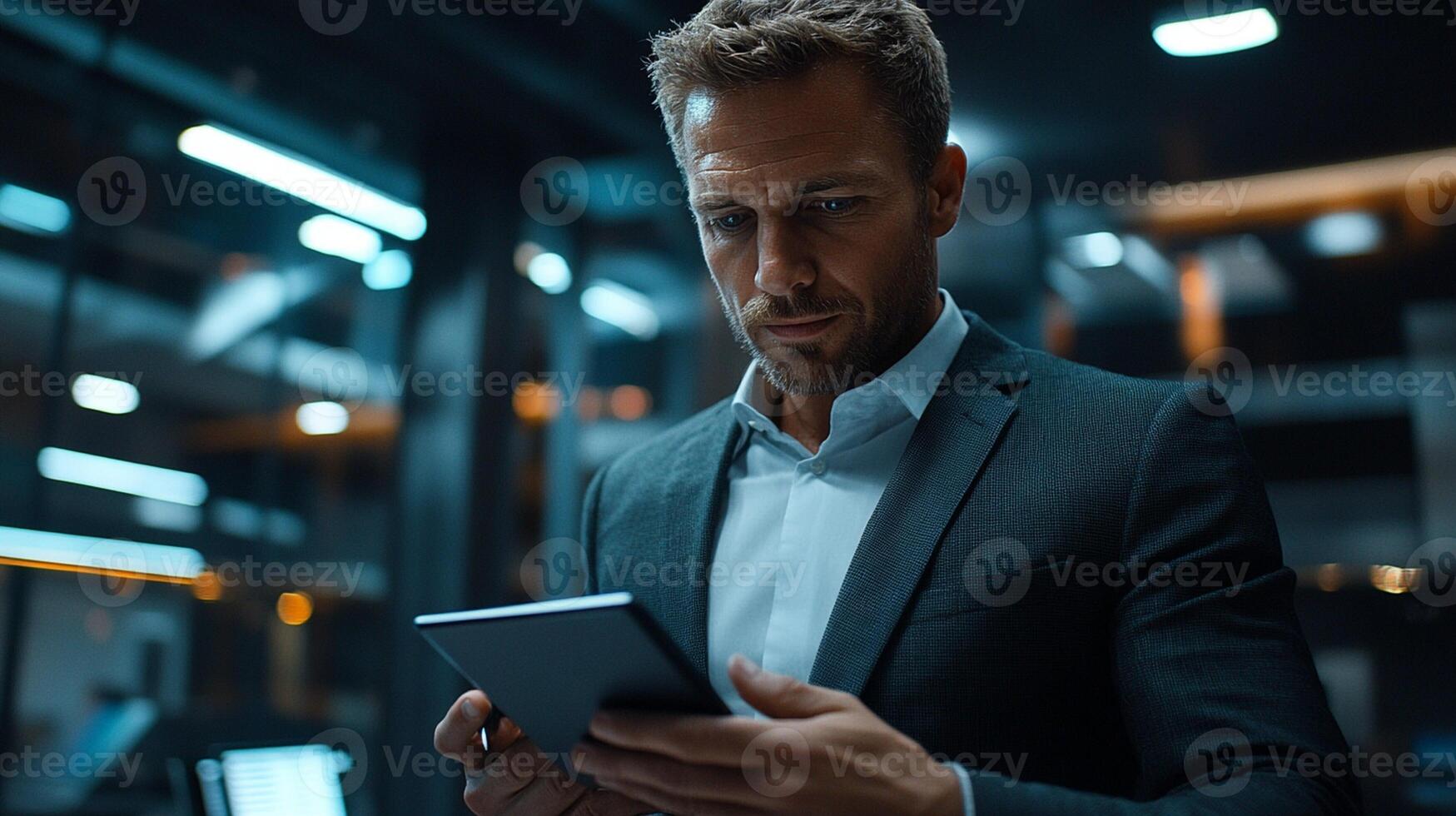 A man in a suit is looking at his tablet photo