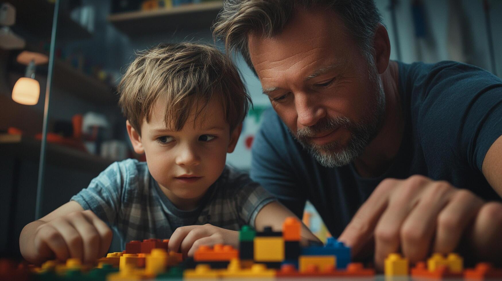 A man and a young boy playing with legos photo
