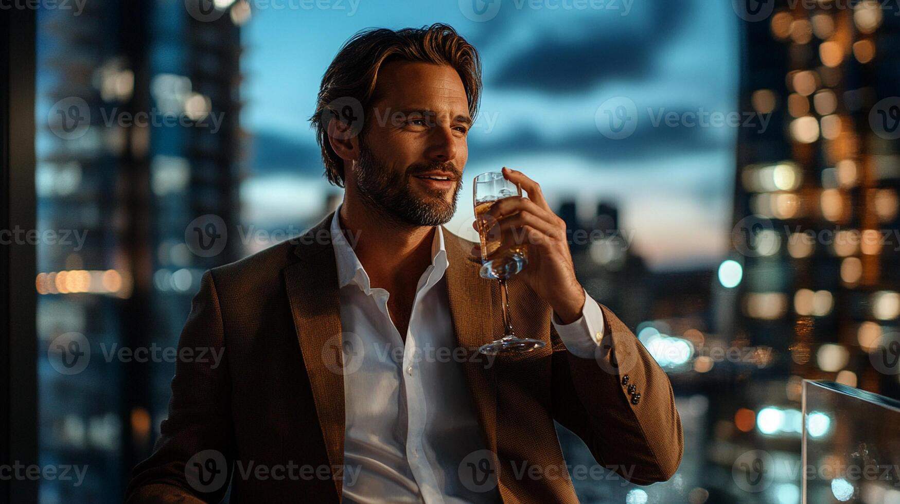 A man in a suit holding a glass of wine photo
