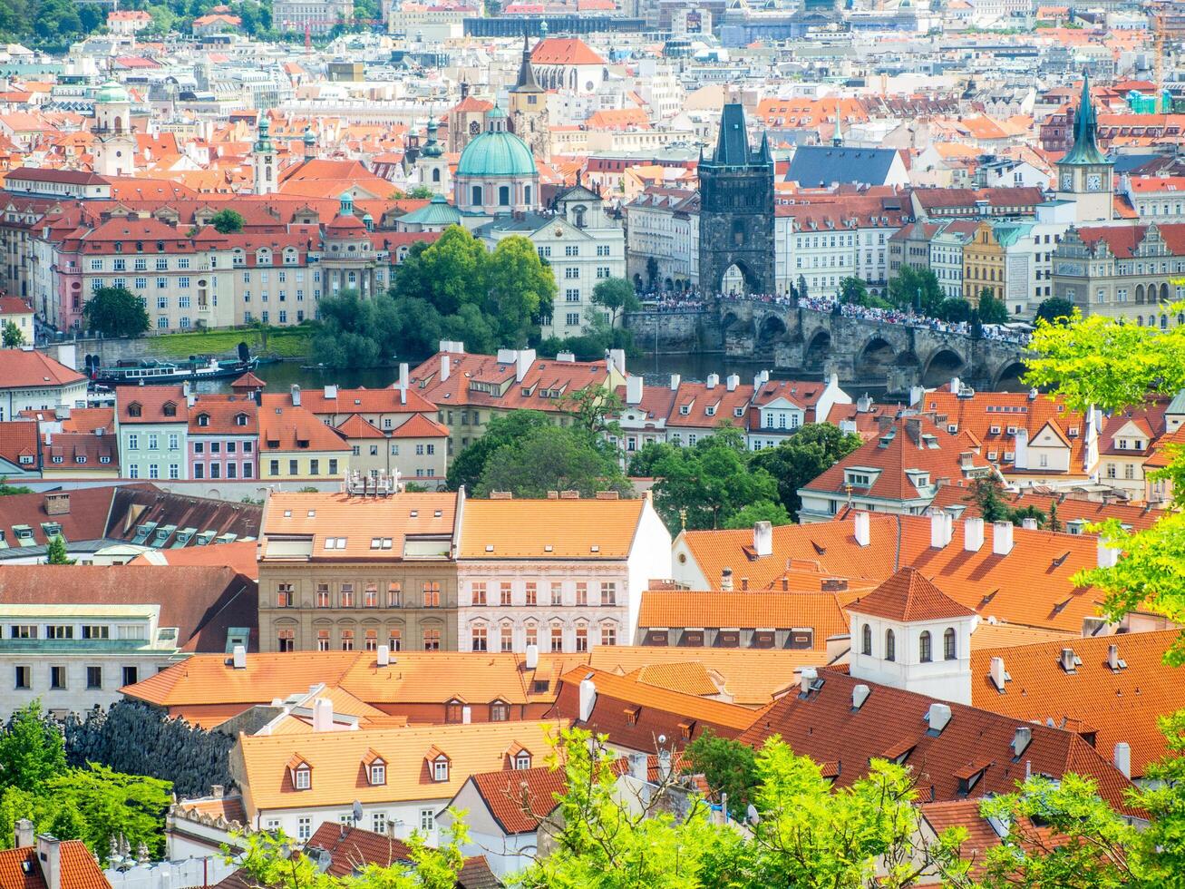 The city of prague is seen from above photo