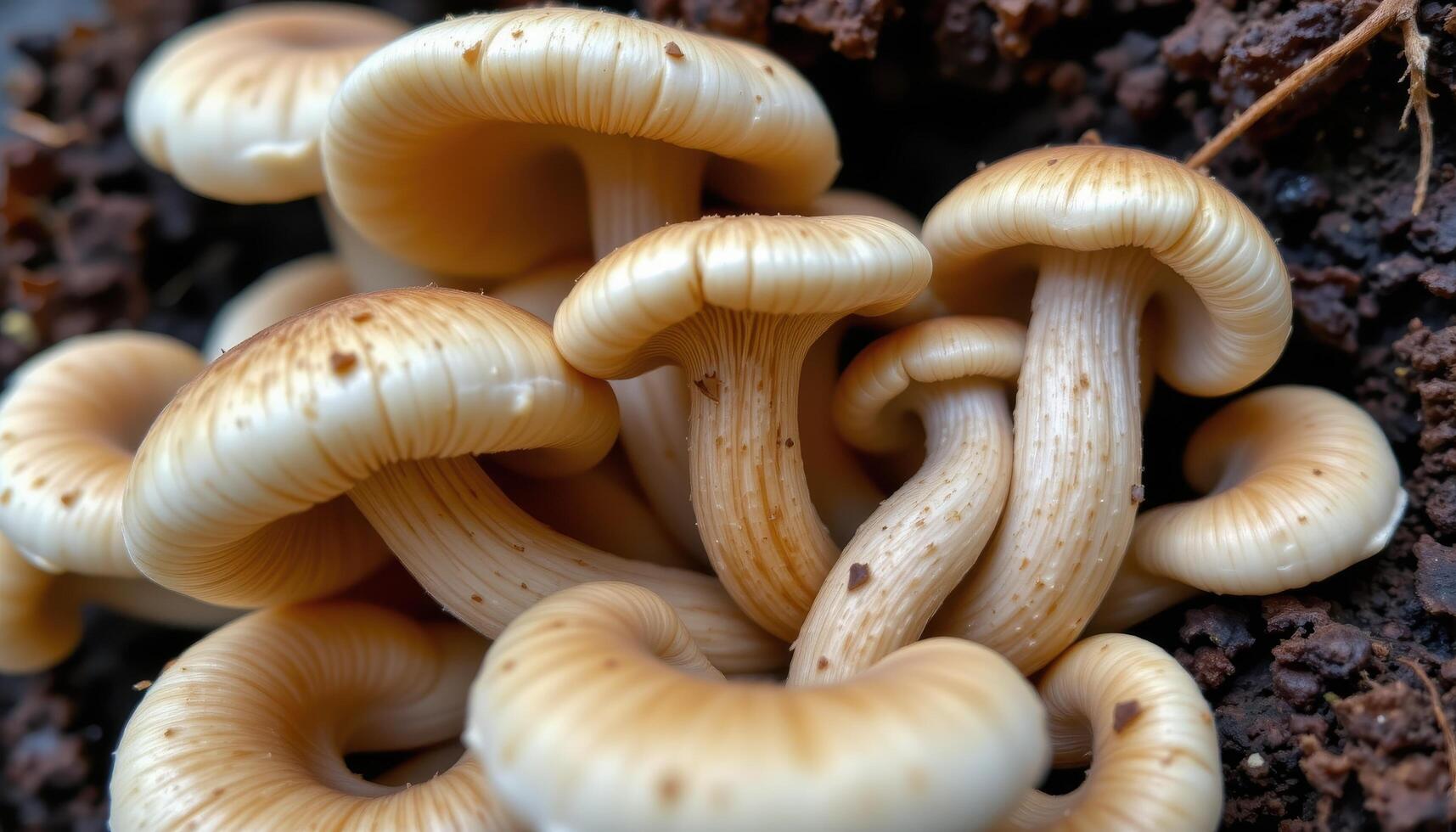 close up view of mushrooms twisted and curled from growing in tight spaces. photo