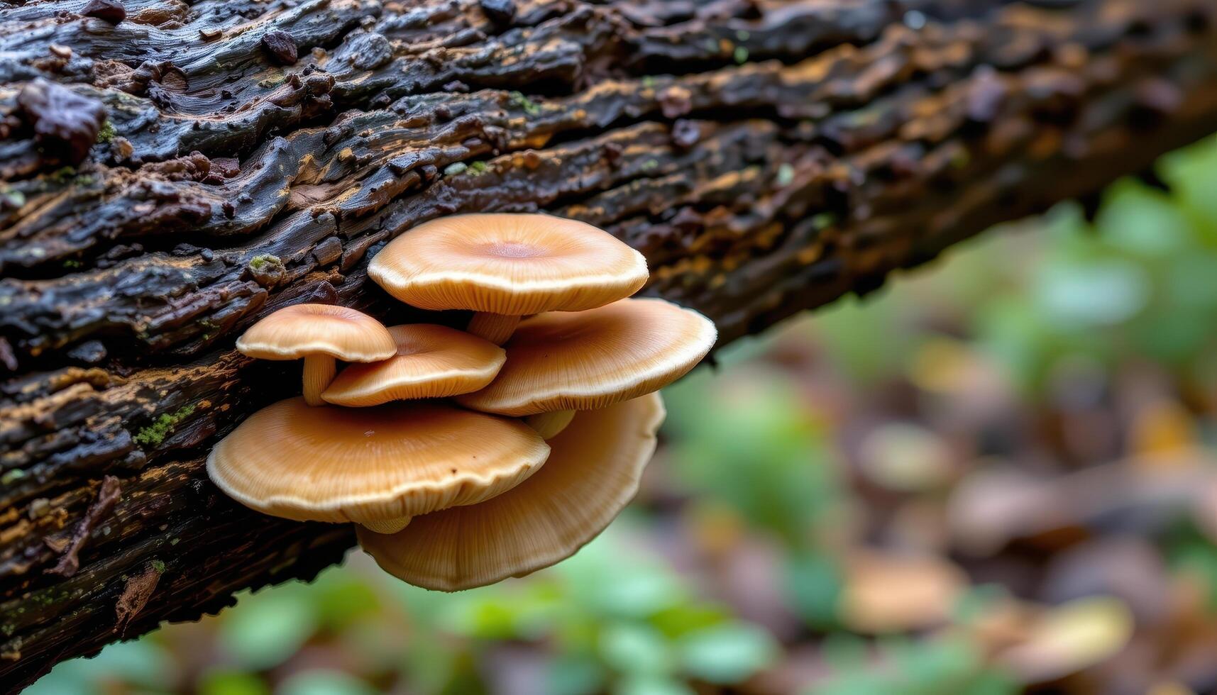 close up view of mushrooms clinging to the underside of a fallen tree limb. photo