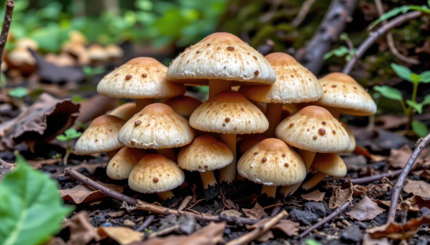 close up view of a cluster of speckled mushrooms growing in a shaded corner of the forest. photo