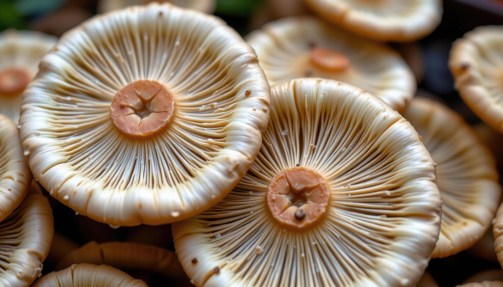 close up view of mushrooms with caps split from moisture, showing delicate gills. photo