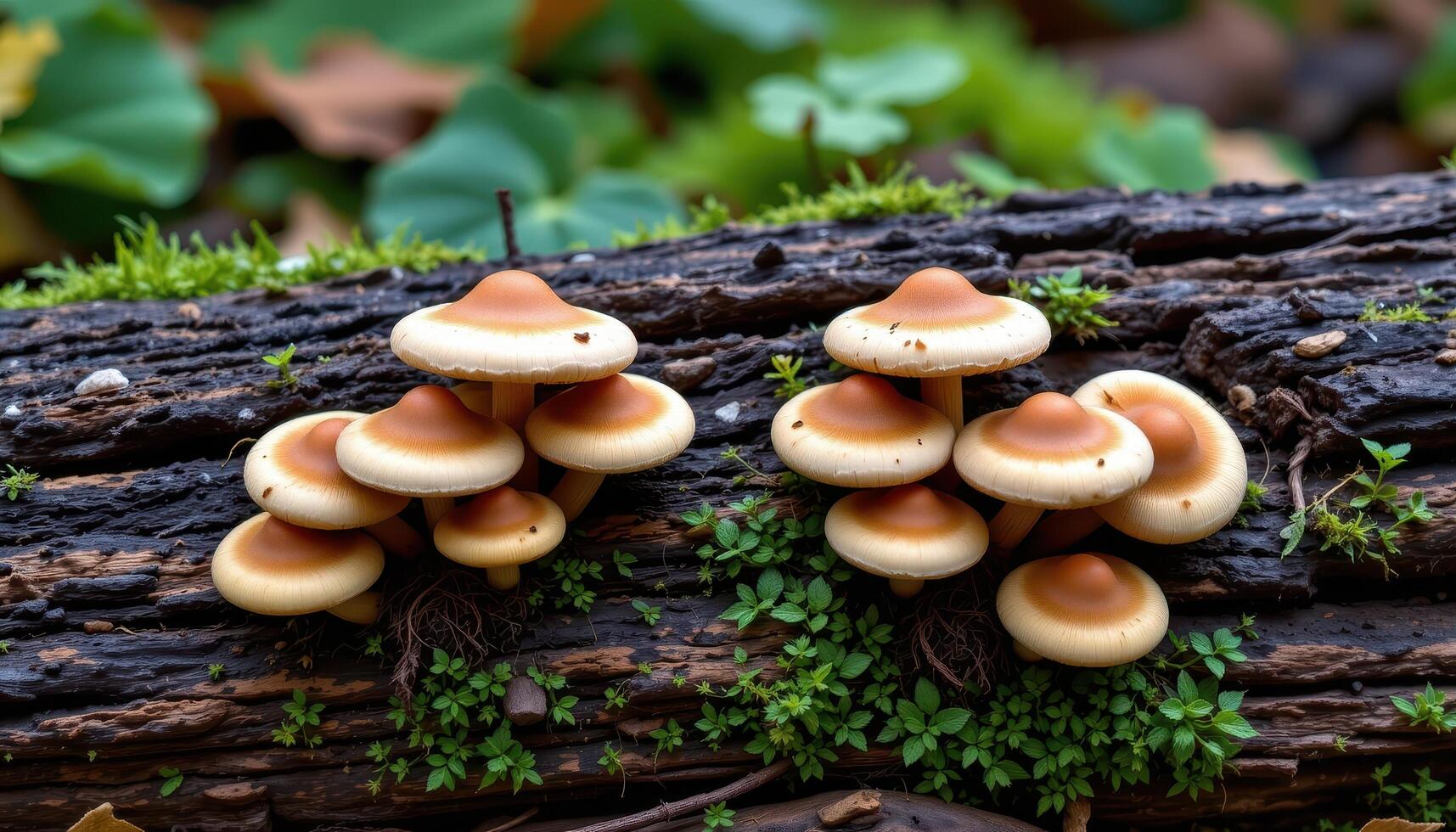 close up view of mushrooms growing symmetrically on either side of a fallen log overgrown with moss. photo