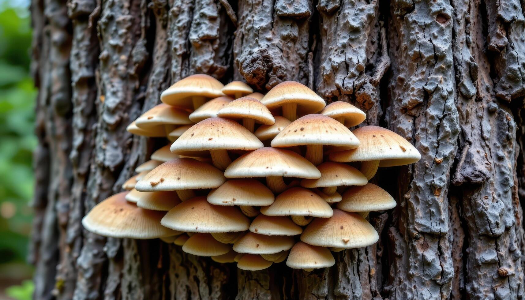close up view of mushrooms growing like shingles up the trunk of a massive, ancient oak. photo