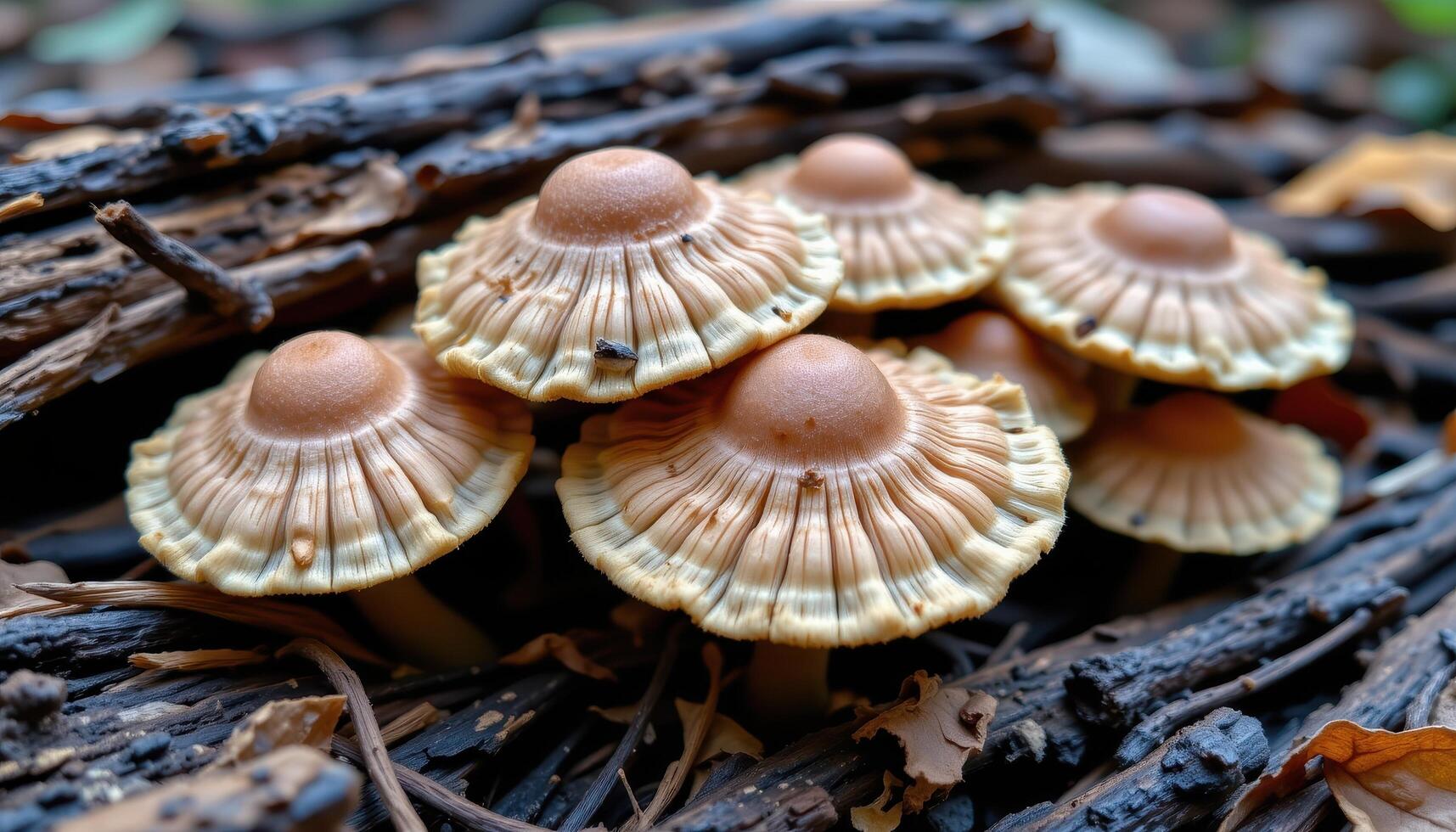 close up view of mushrooms with ribbed caps and scalloped edges thriving beneath layers of fallen bark. photo