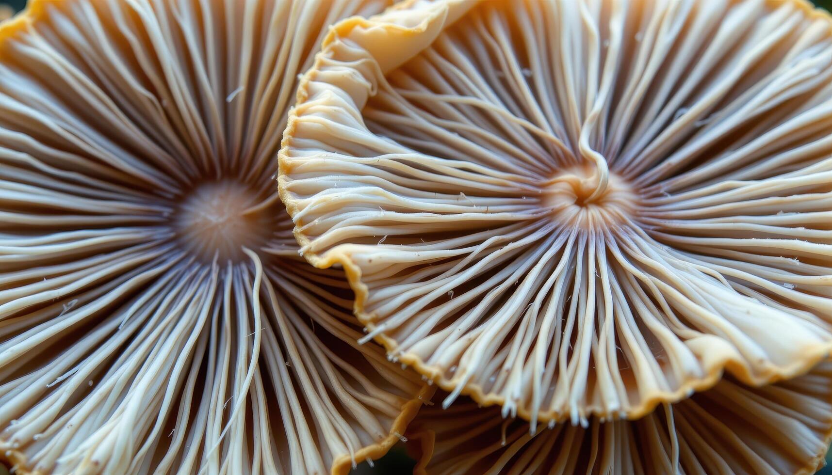 close up view of mushrooms with web like filaments stretching across their gills. photo
