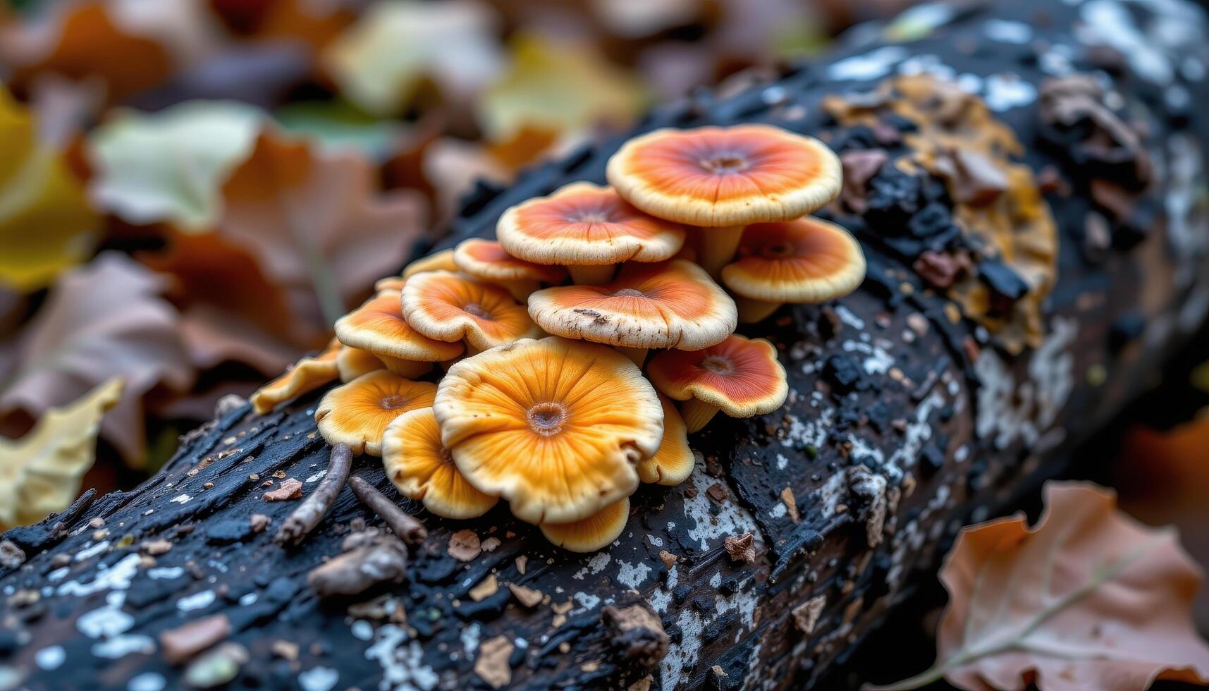 close up view of colorful fungi on a fallen birch log, surrounded by curling autumn leaves. photo