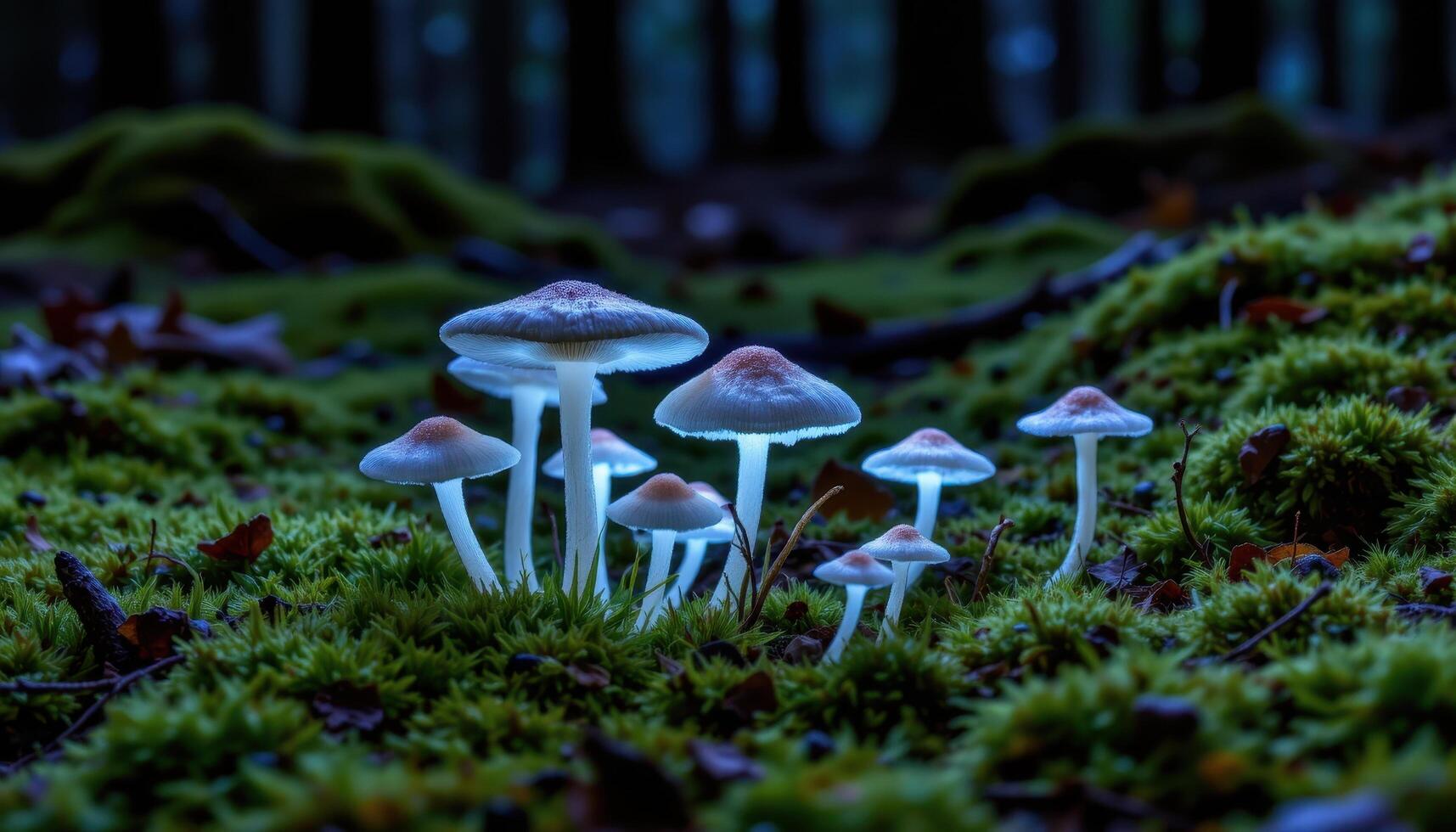 close up view of a cluster of bioluminescent mushrooms glowing faintly on the moss covered forest floor under a dark canopy. photo