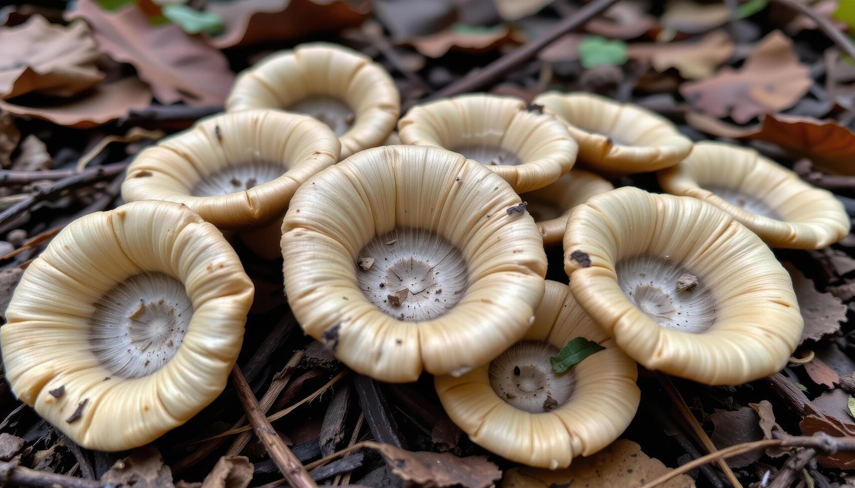 close up view of a patch of earthstars partially opened on the forest floor, revealing their dusty inner cores. photo