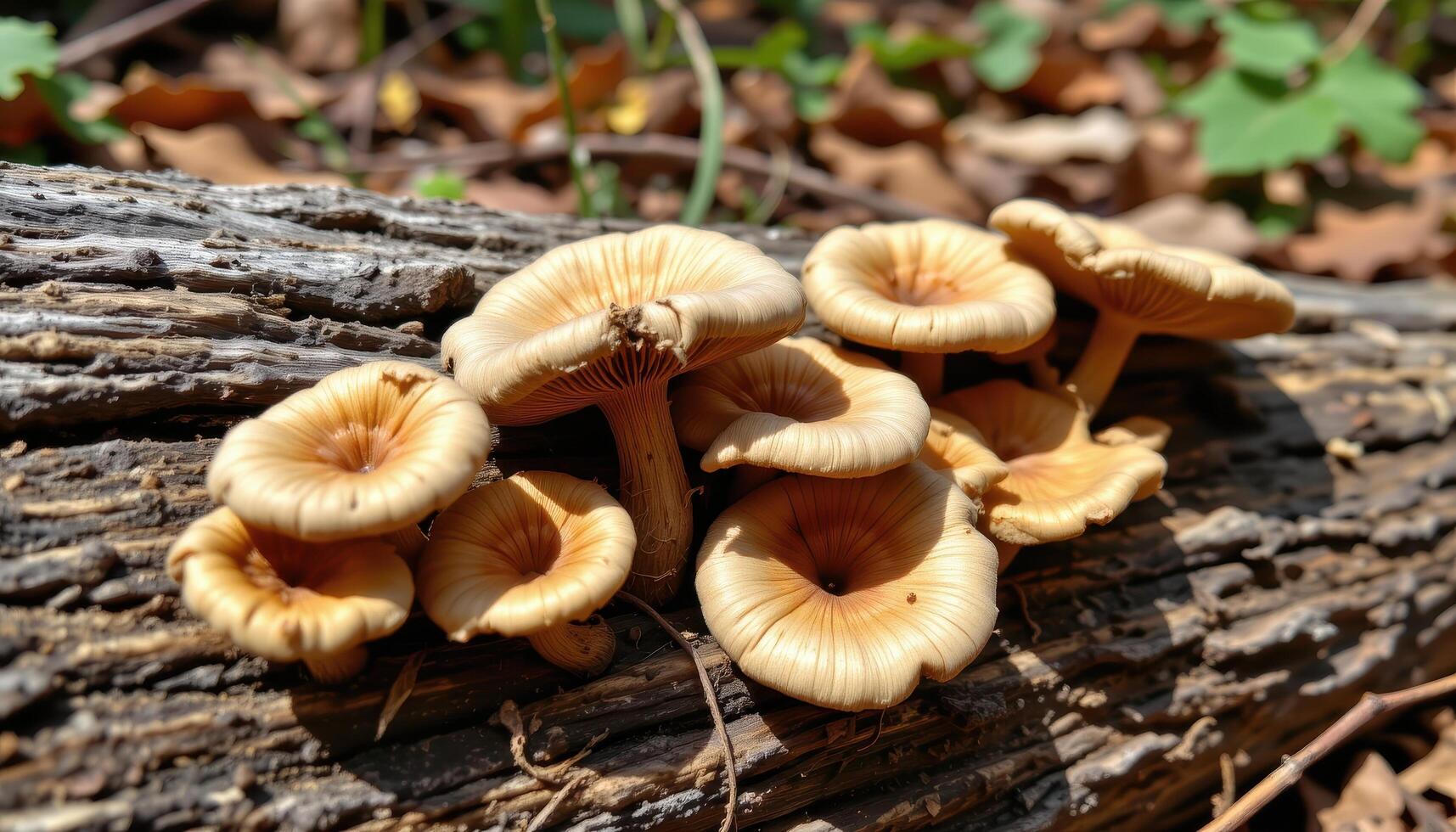 close up view of dried mushrooms clinging to sun bleached logs in late summer. photo
