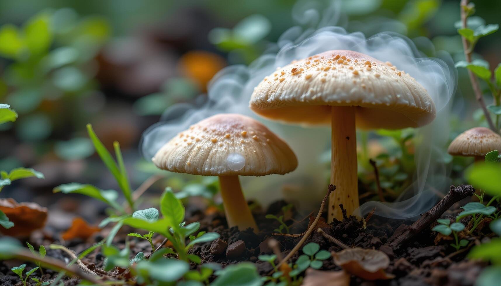 close up view of mushrooms cloaked in mist, barely visible in the underbrush. photo