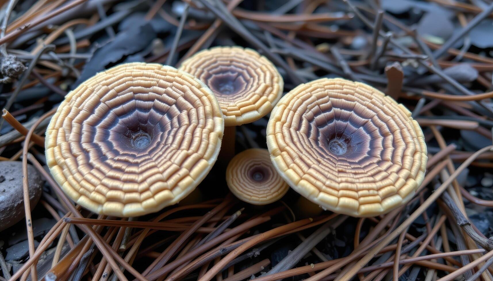 close up view of fungi with intricate cap patterns growing among curled bark and pine needles. photo