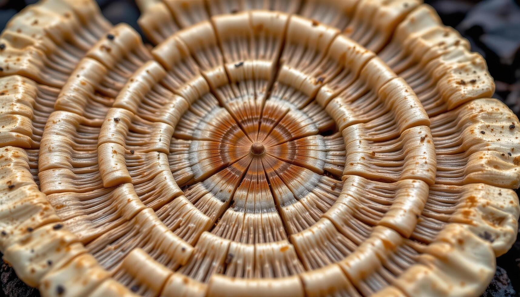 close up view of mushrooms forming concentric patterns on a decomposing log. photo