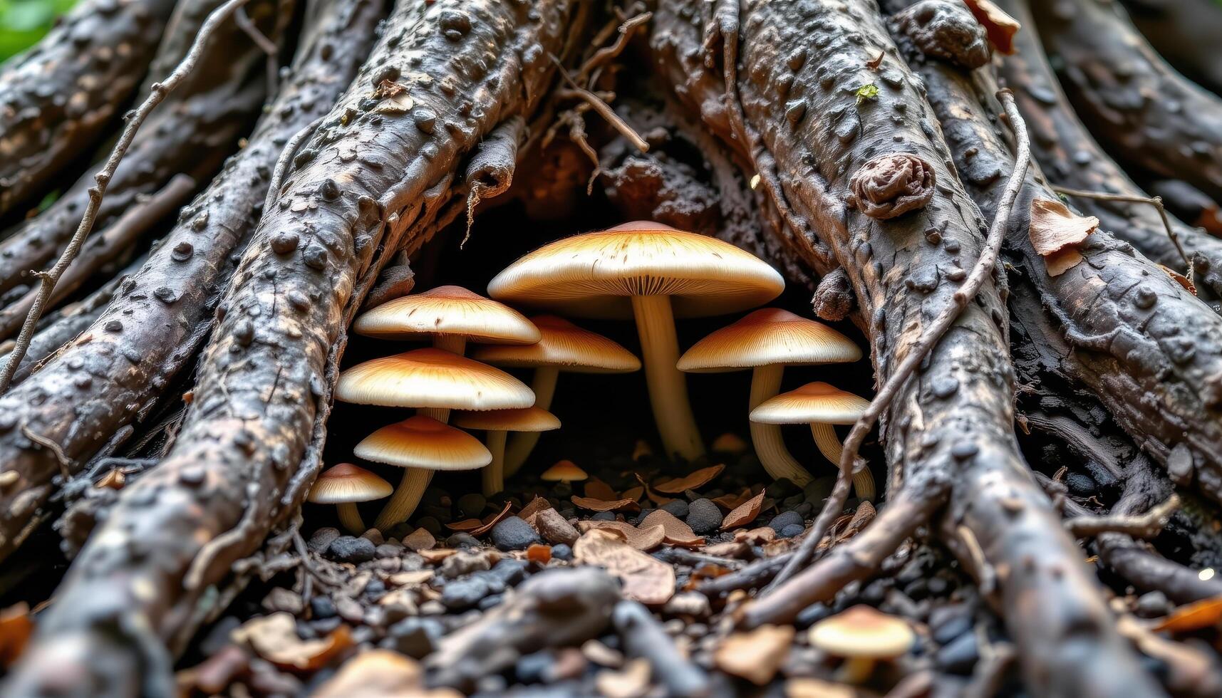 close up view of mushrooms forming a natural arch beneath the twisted roots of a tree. photo