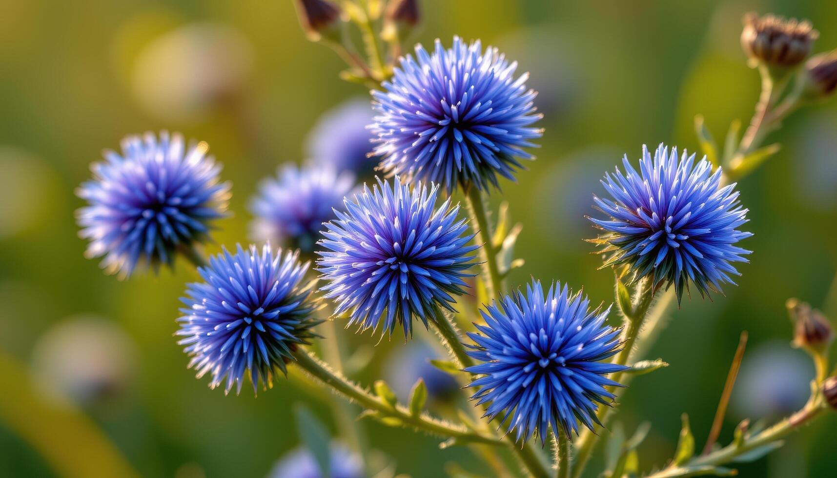 close up view of globe thistle flowers with spherical blue blooms against a soft background. photo