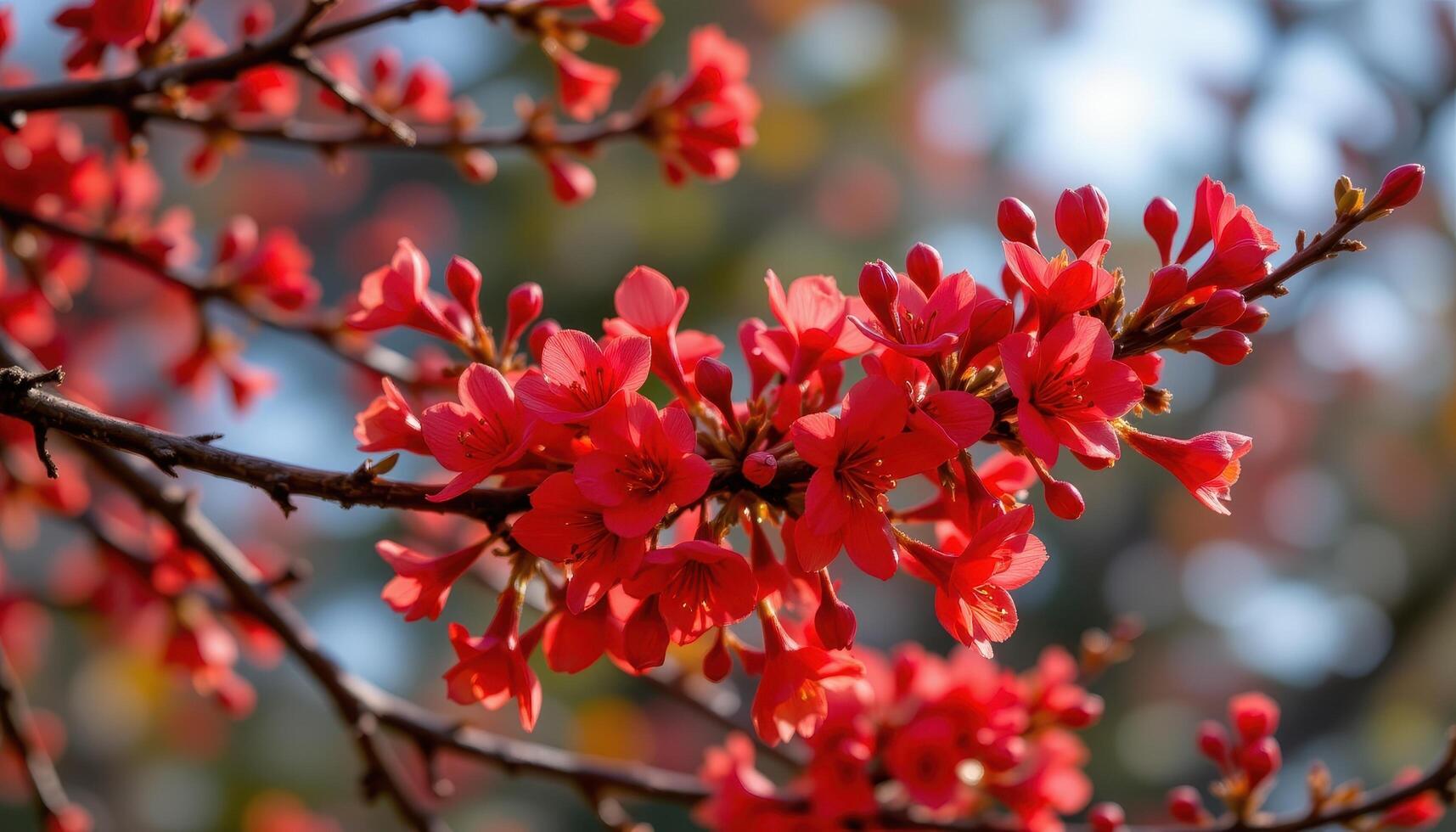 close up view of flame of the forest blossoms lighting up the branches in intense scarlet. photo