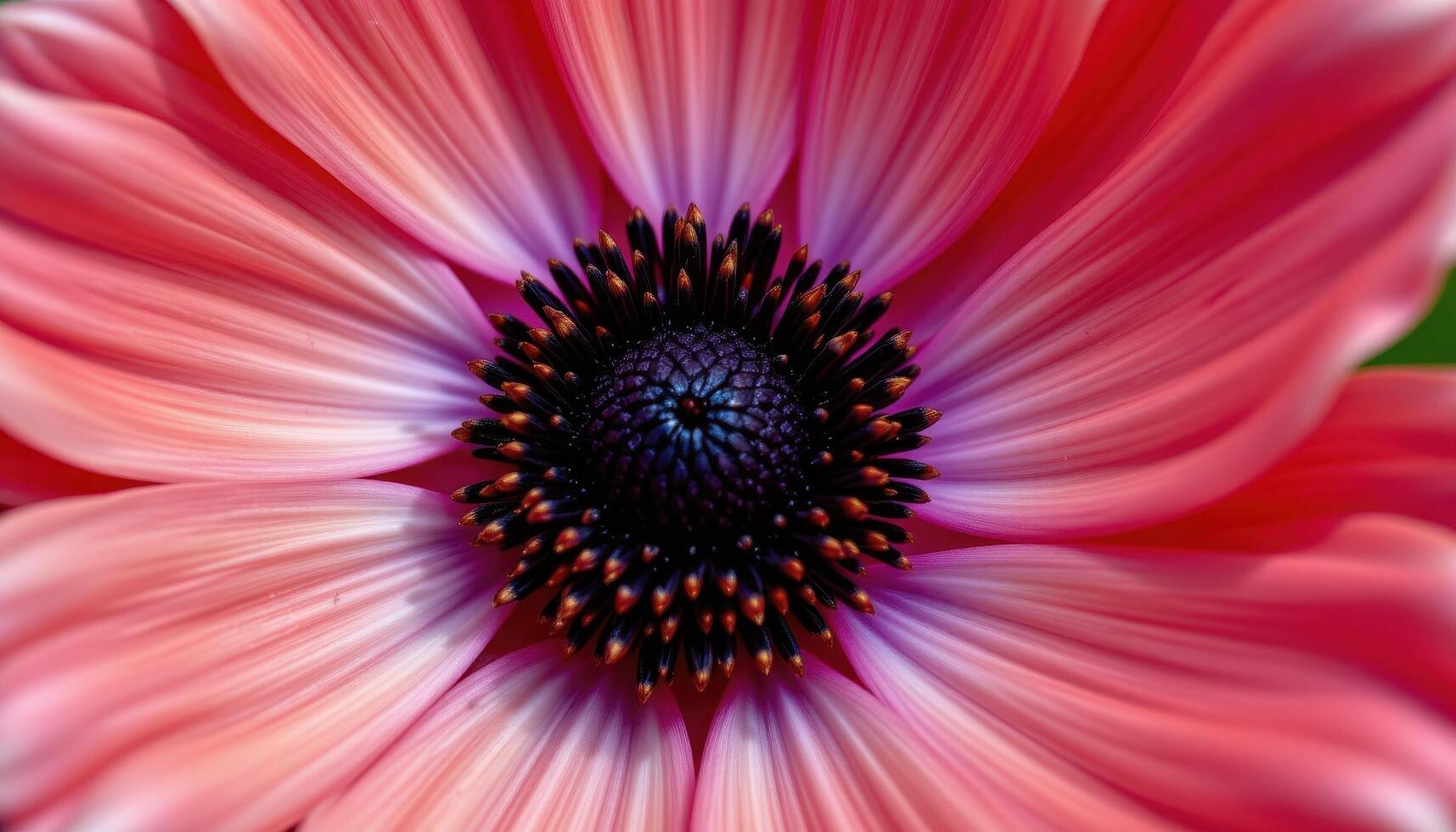close up view of a single anemone bloom with deep black center surrounded by silky petals. photo