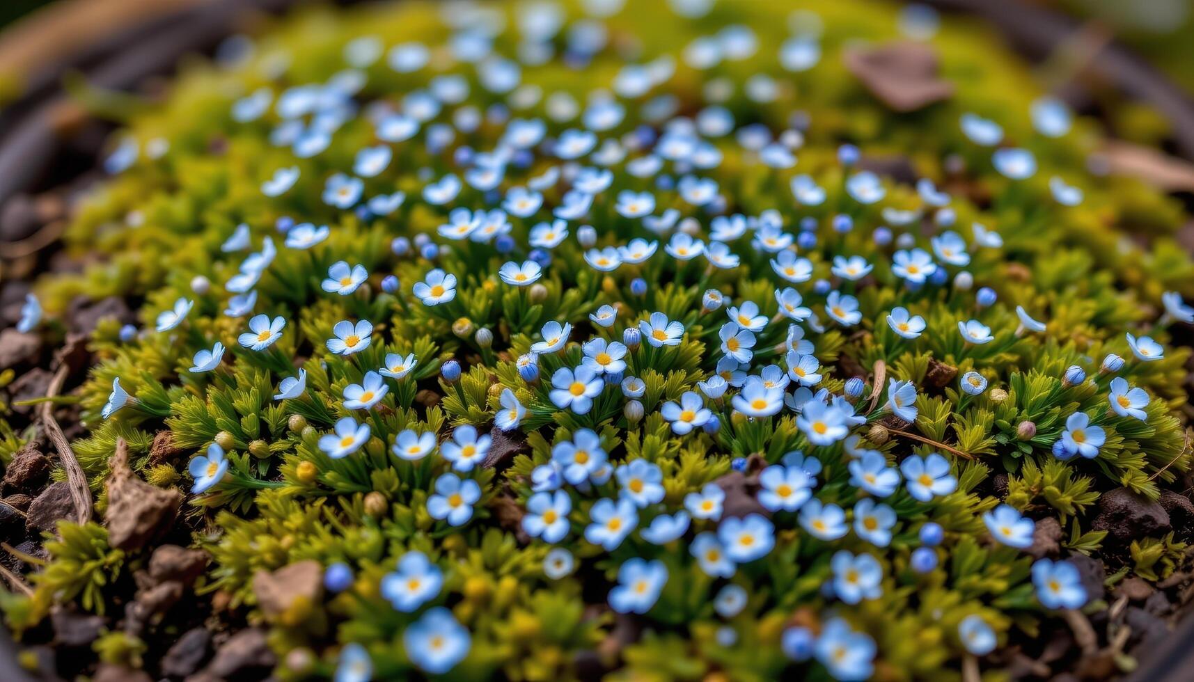 close up view of tiny forget me nots scattered like stars across a bed of green moss. photo
