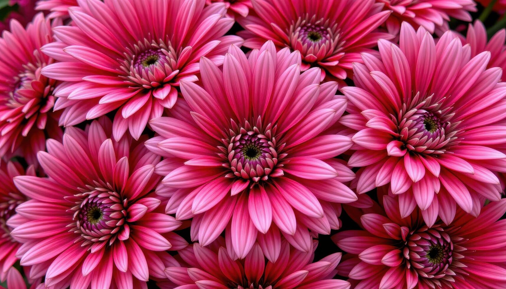 close up view of deep red chrysanthemums with tightly packed petals fanning out in dense, circular patterns. photo
