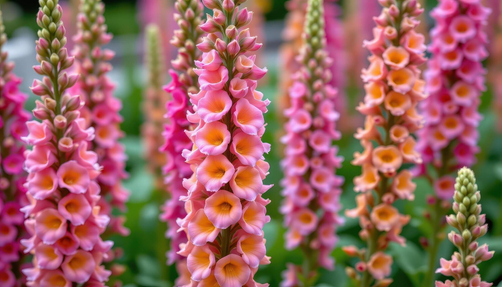 close up view of vibrant snapdragons in full bloom, each tall stalk holding layers of tiny, bright flowers. photo