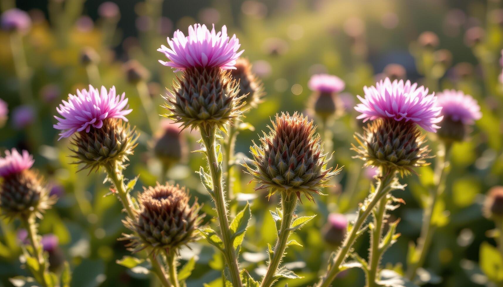 close up view of thistle flowers with spiny stems and purple blooms glowing under bright sun. photo