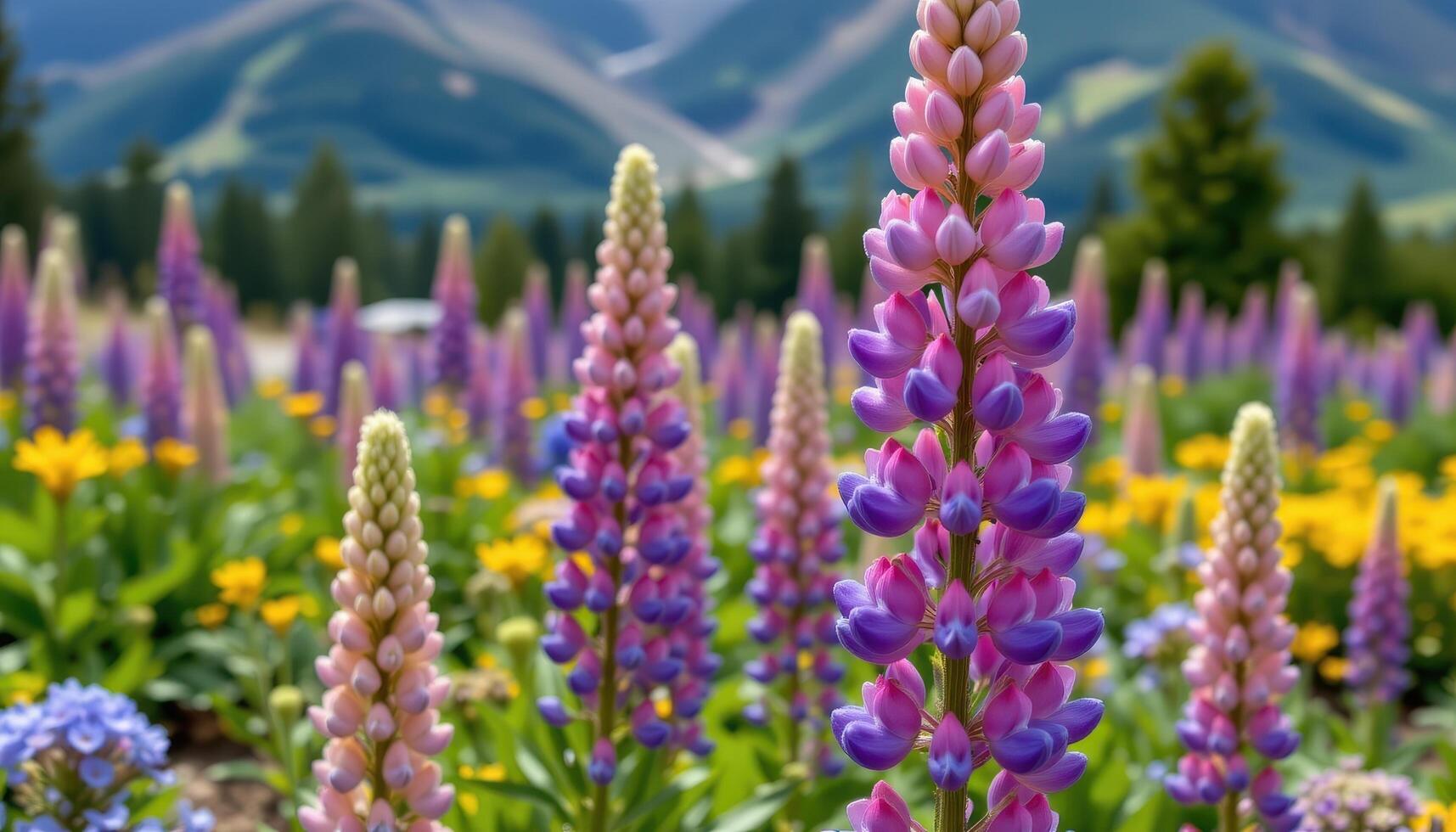 close up view of lupines blooming in tall, cone shaped clusters across open mountain fields. photo