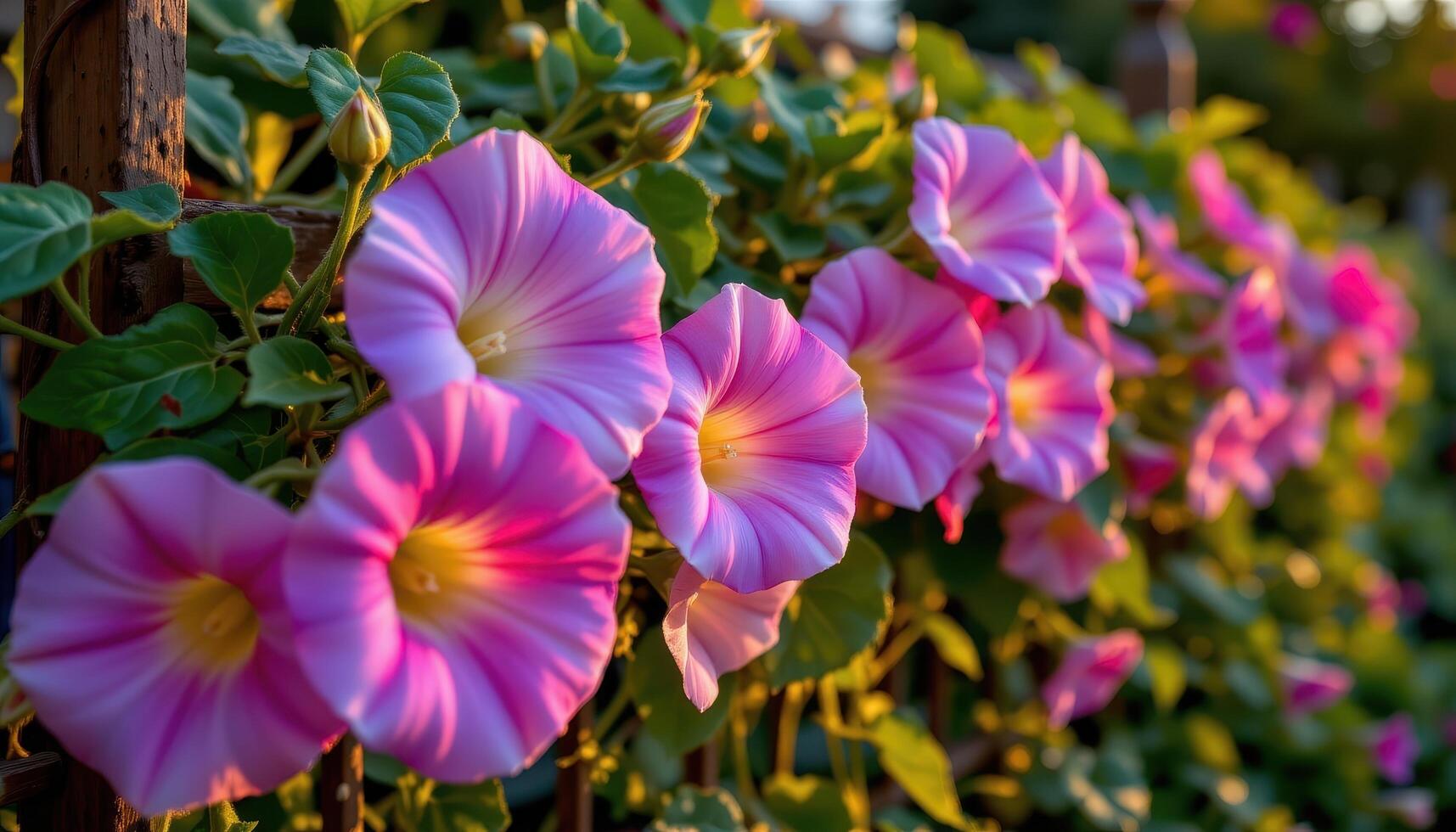 close up view of morning glories climbing along a trellis, their petals glowing in the early dawn. photo