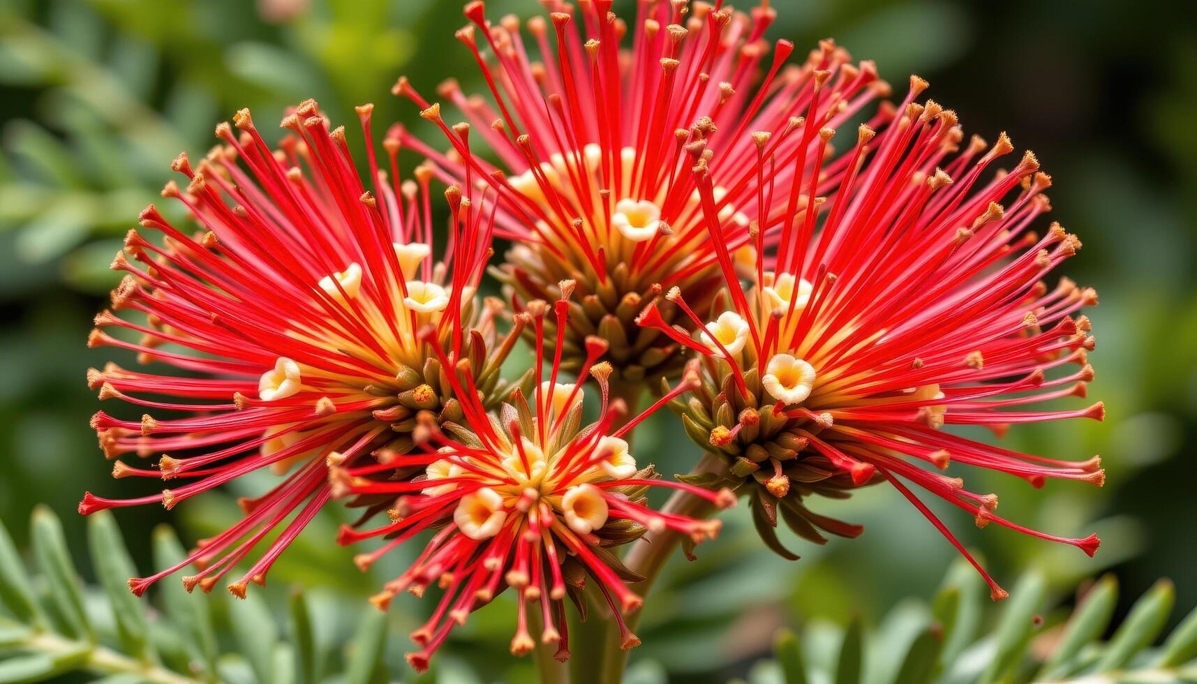 close up view of bottlebrush flowers with bold red bristles reaching outward. photo