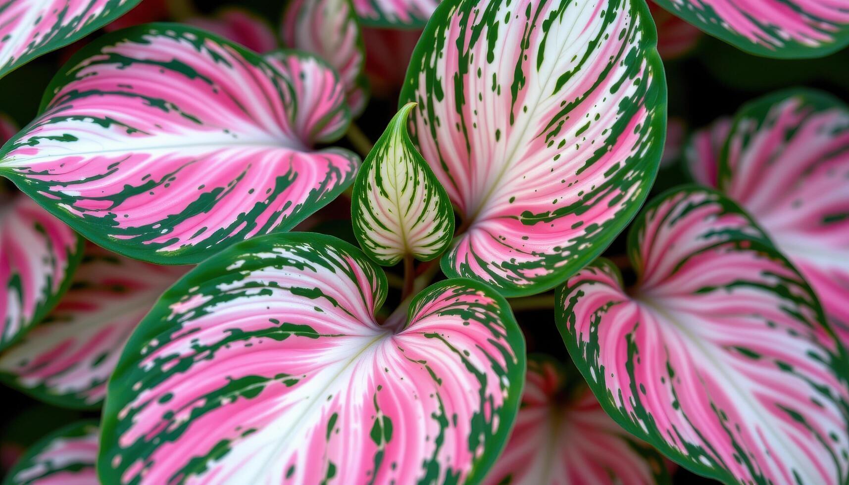 close up view of variegated caladium leaves displaying intricate patterns of pink, green, and white. photo