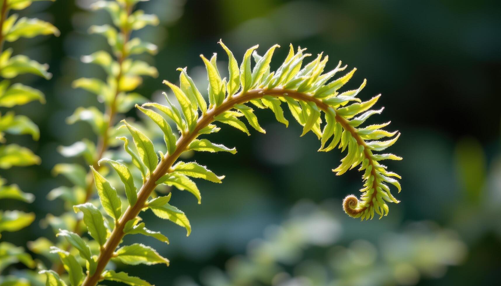 close up view of delicate fern fronds slowly unfurling in the filtered light of early morning. photo