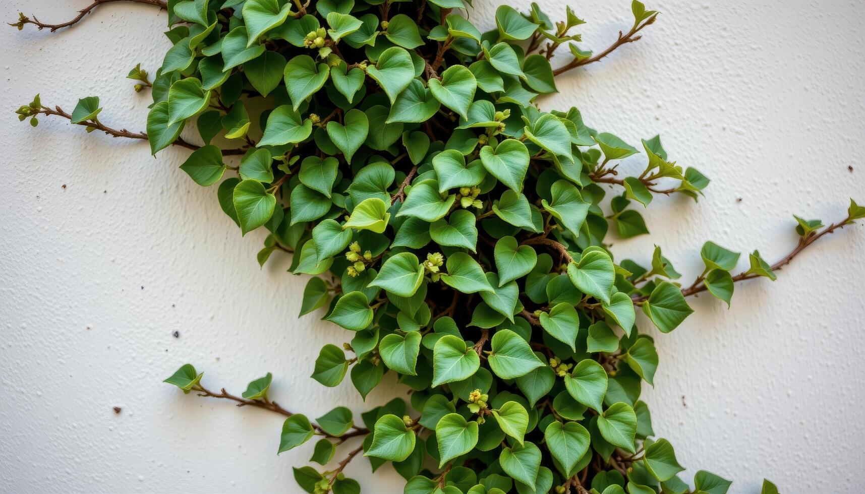 close up view of creeping fig clinging to a vertical wall in tight clusters of leaves. photo