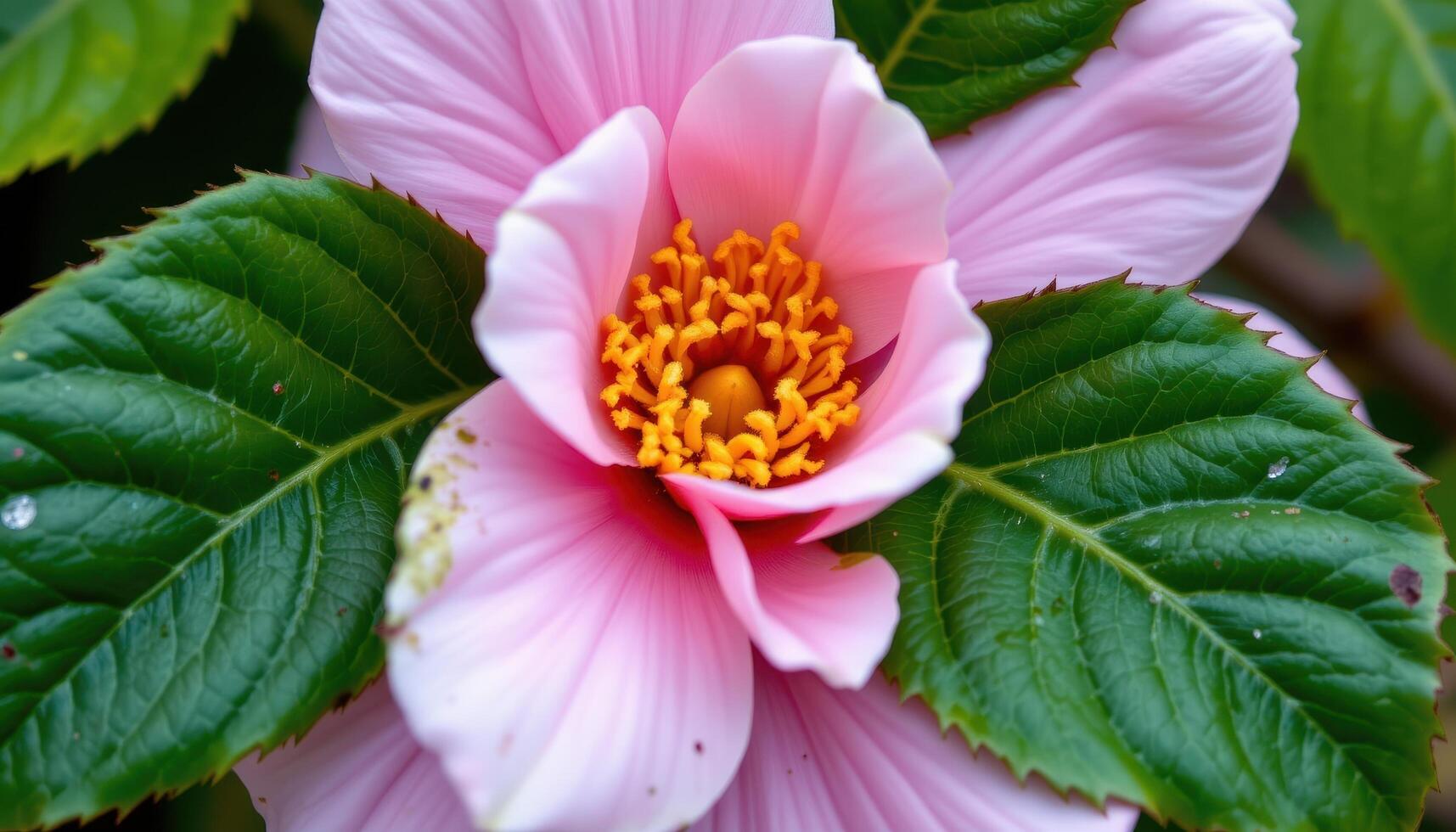close up view of camellia leaves showing glossy texture and serrated edges. photo
