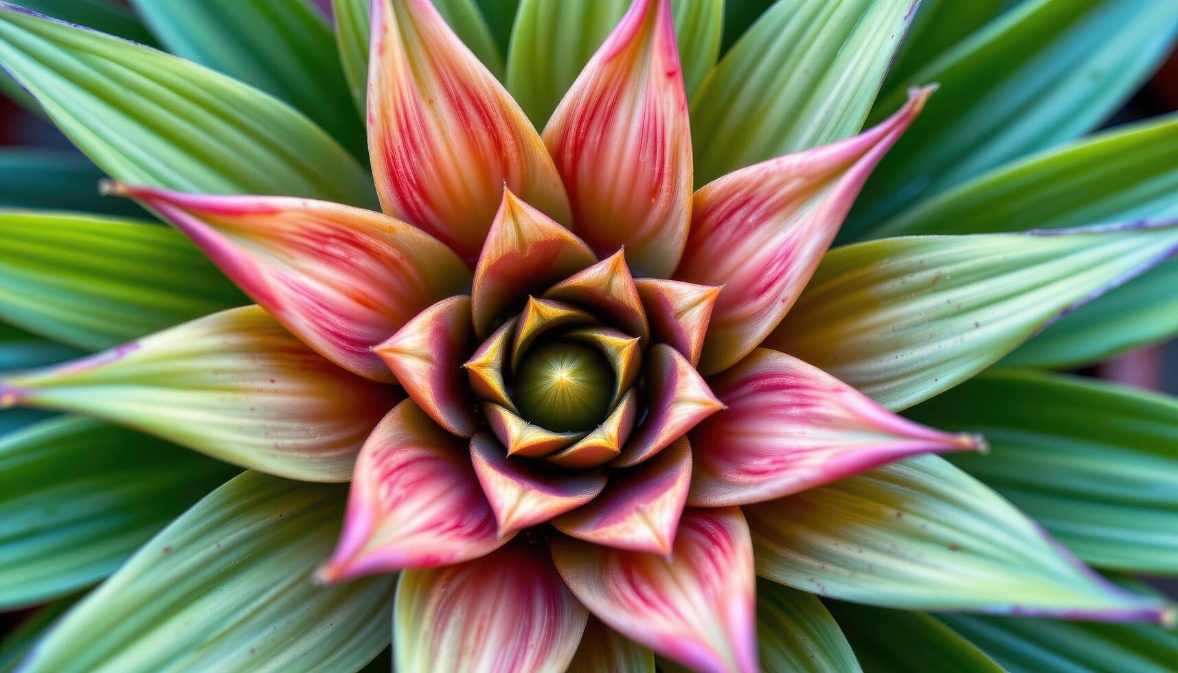 close up view of bromeliad foliage spiraling outward in a symmetrical rosette. photo