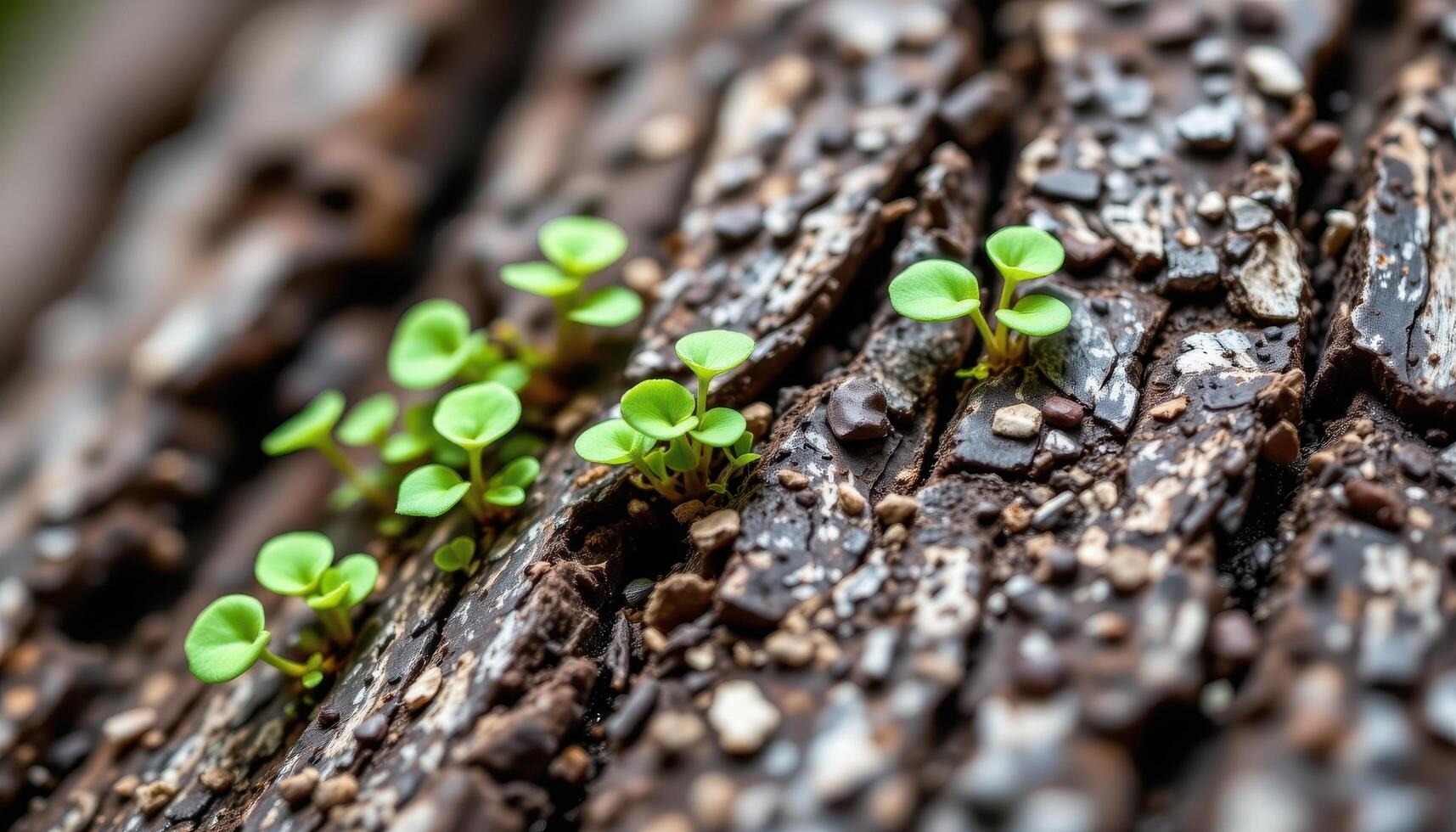close up view of tree bark with tiny plants taking root in surface crevices. photo