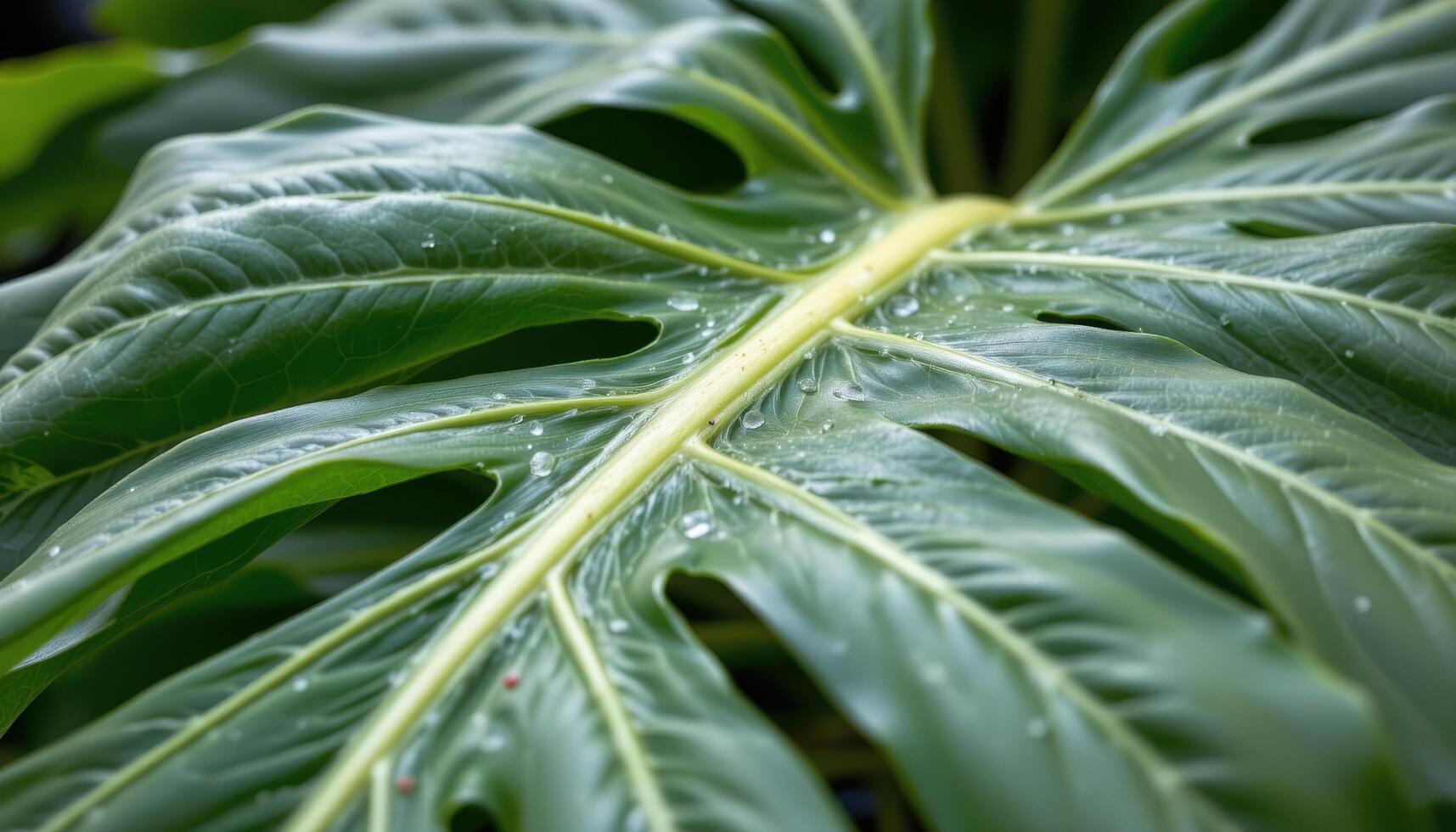close up view of a young monstera leaf just beginning to split, surrounded by mature perforated leaves. photo