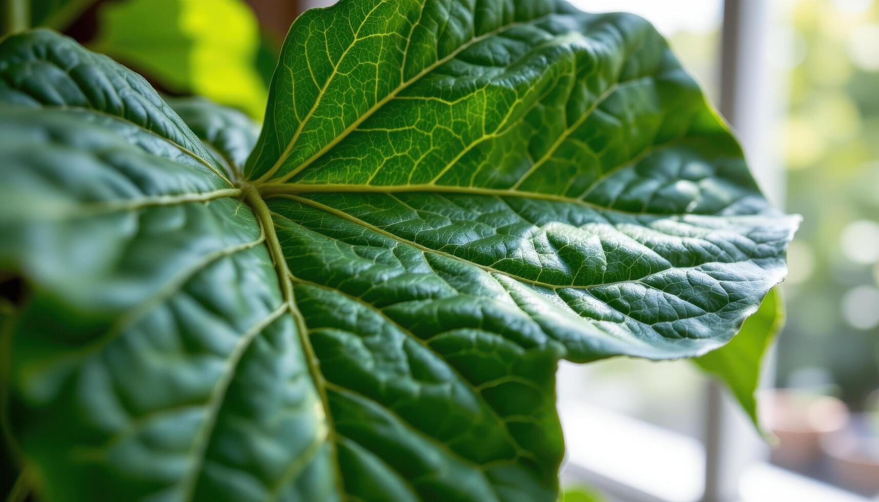 close up view of a fiddle leaf fig tree leaf with bold, veined textures catching filtered window light. photo