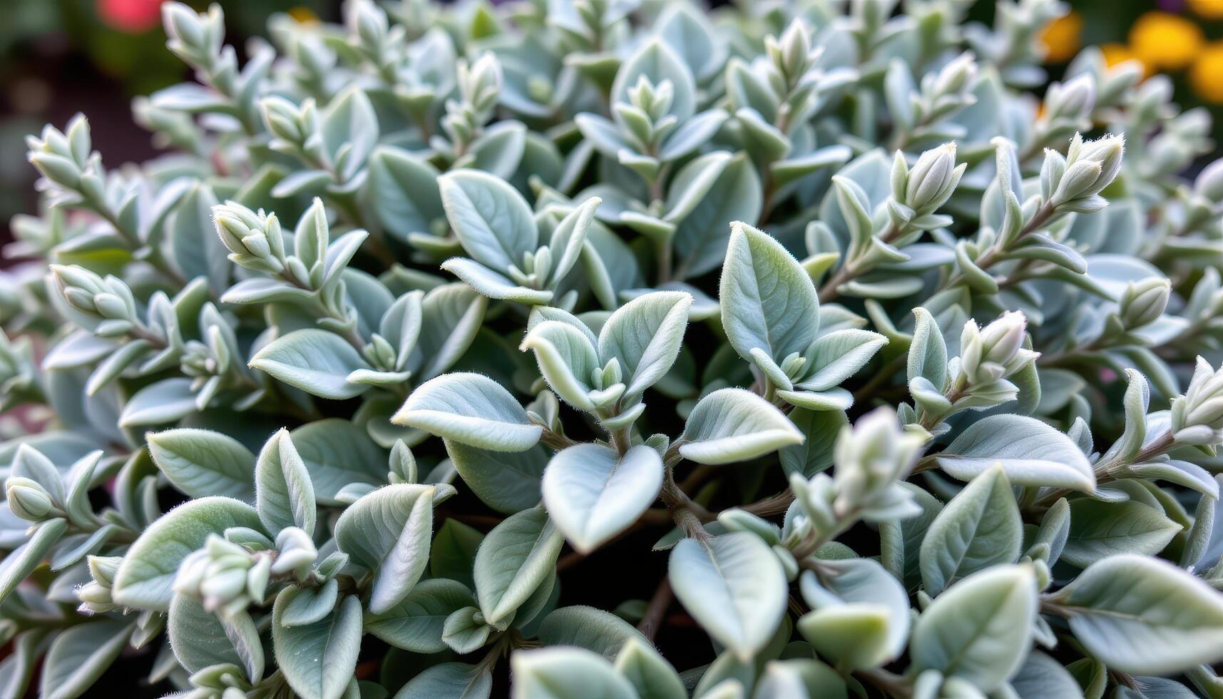 close up view of a sage plant with soft, fuzzy leaves in muted green tones spreading across a herb garden. photo
