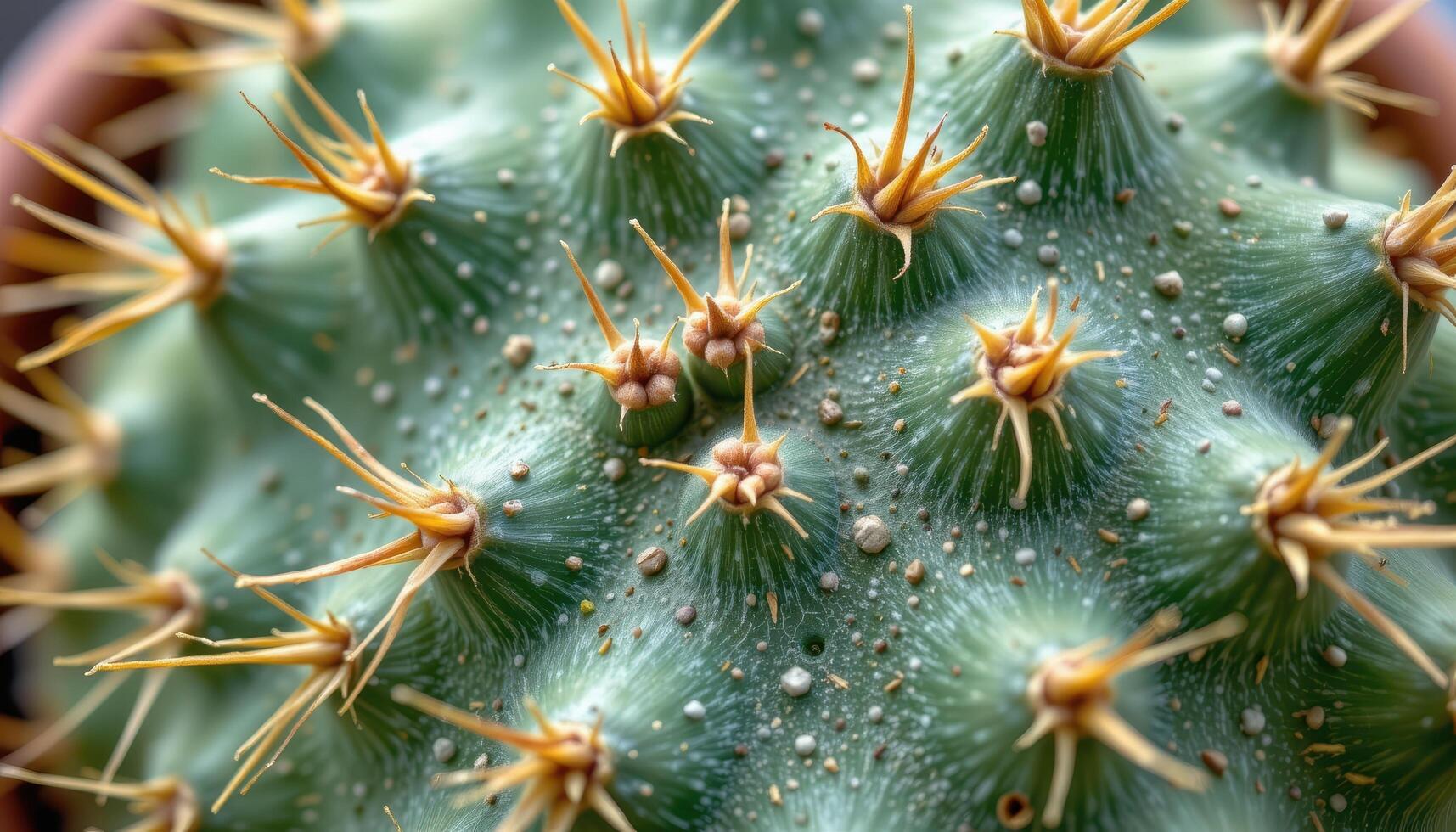 close up view of a cactus pad dotted with spines and tiny buds forming new growth. photo