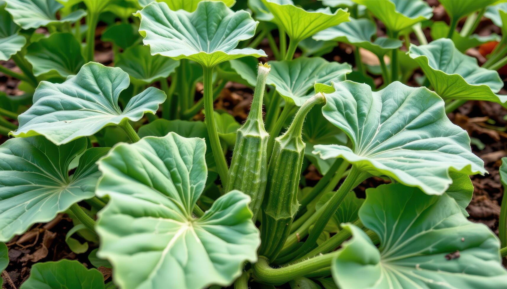close up view of okra plants growing in heat, their leaves broad and deeply lobed. photo