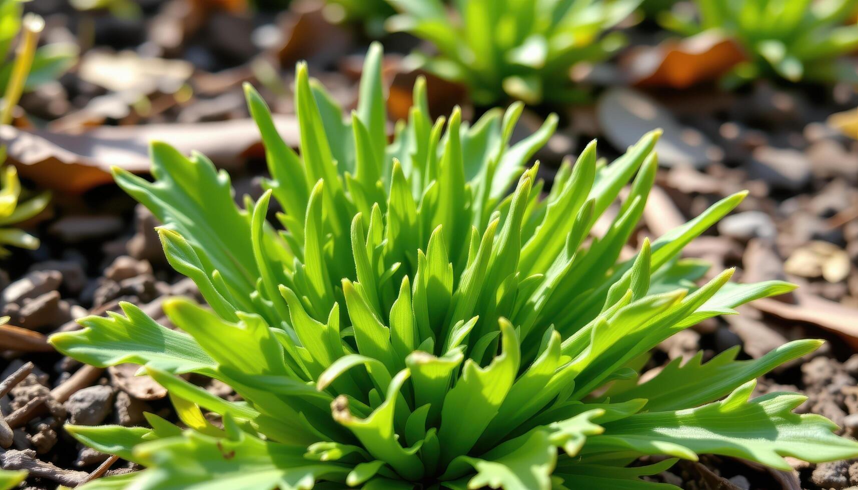 close up view of dandelion greens growing in early spring with jagged edges. photo