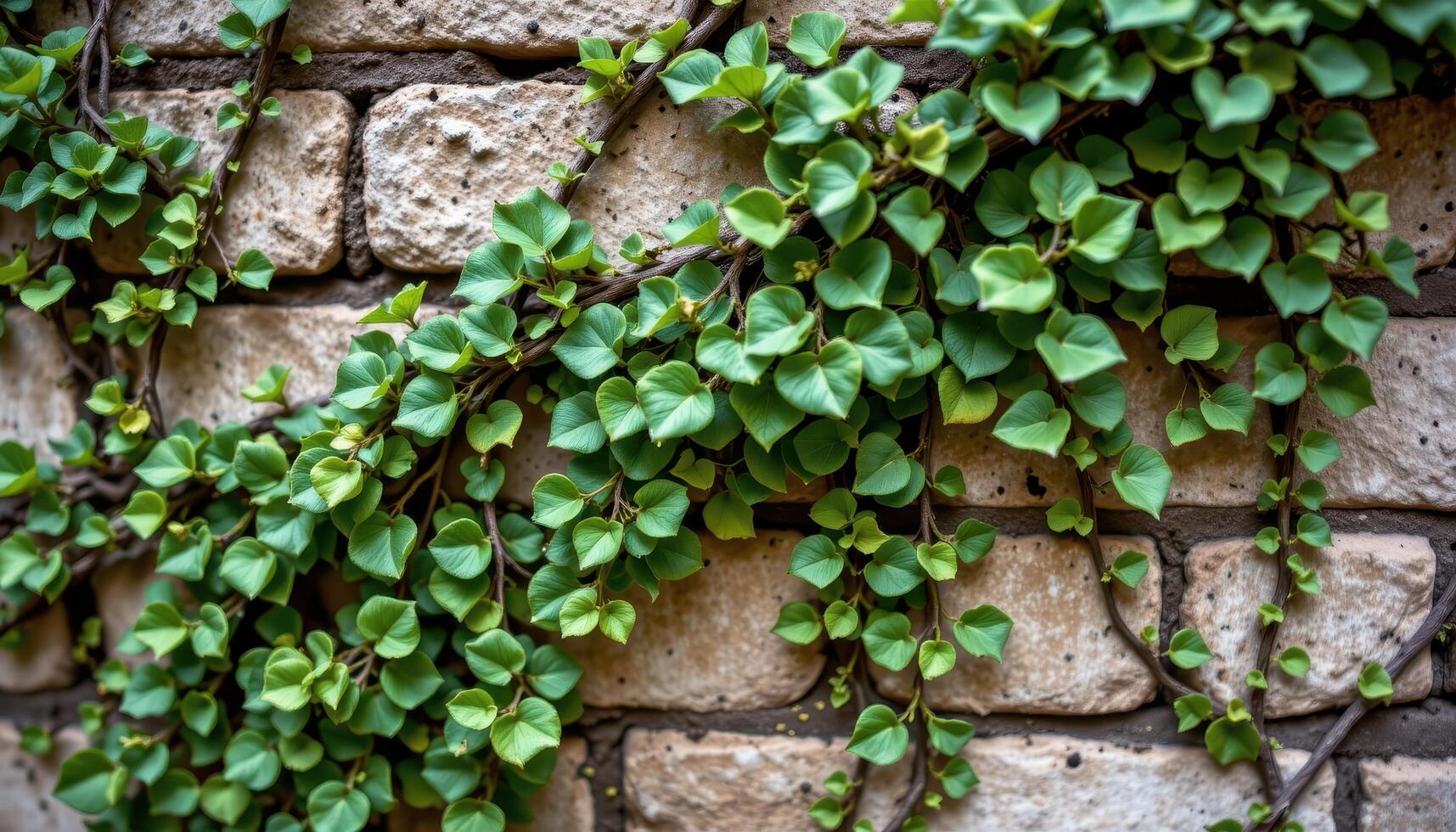 close up view of creeping fig vines scaling a garden wall with tiny, clinging leaves. photo