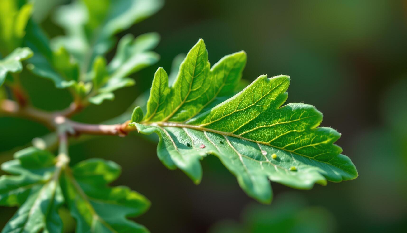 close up view of a young oak tree leaf sprouting with vivid green freshness. photo